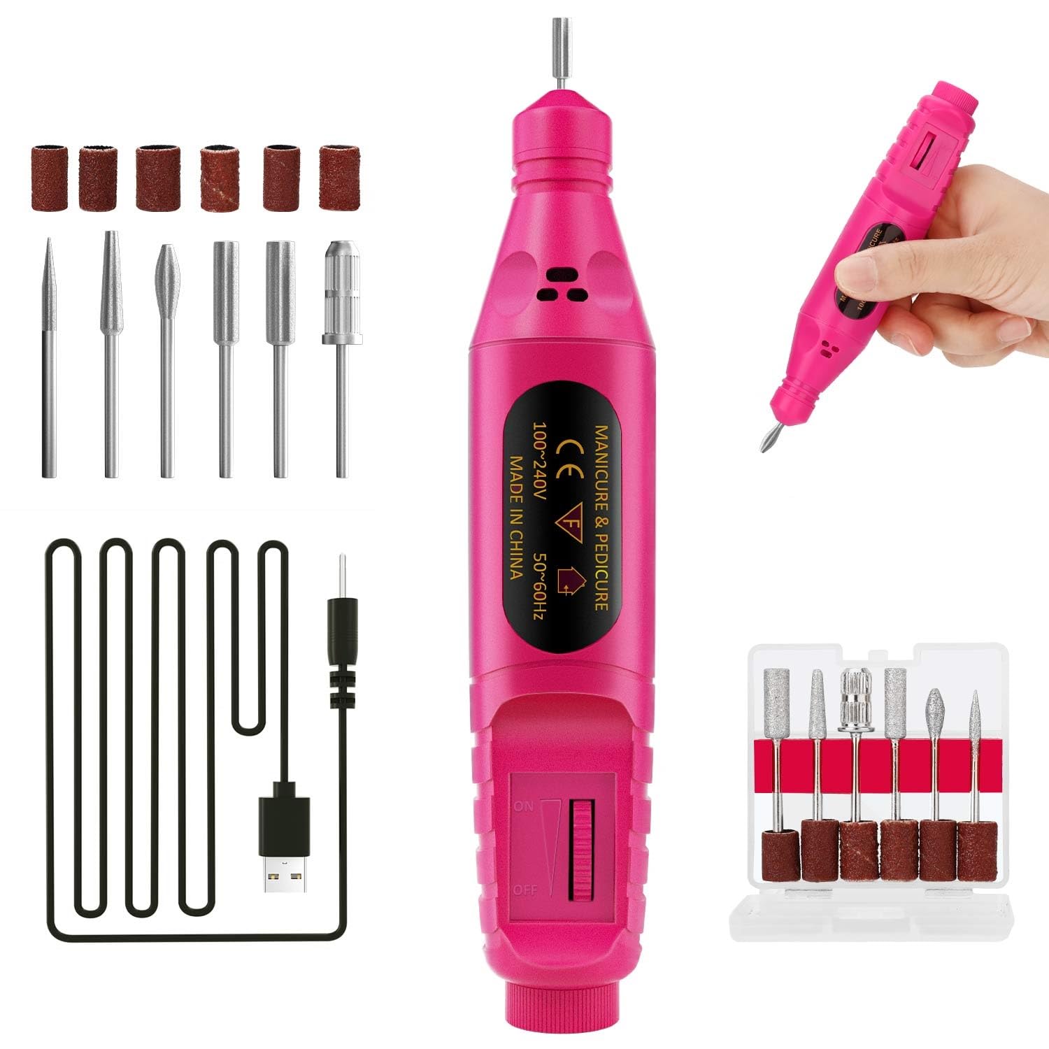 Professional USB Electric Nail Drill Machine Kit - Portable Manicure Pedicure Tool with 6Pcs Nail Drill Bits for Gel Nails, Acrylics & Nail Art (Rose) | Perfect for Home Salon, Nail Techs & DIY Beauty Care