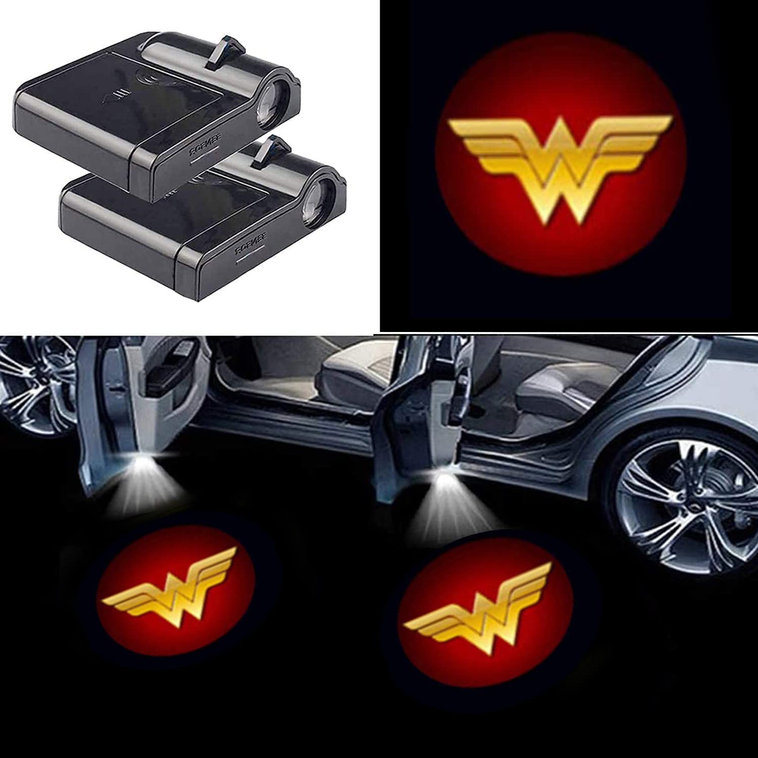 POWKER 2Pcs Wireless Wonder Woman Car Door Logo Projector LED Shadow Lights - Red Welcome Courtesy Lights for Cars | Enhance Your Vehicle Style & Night Safety