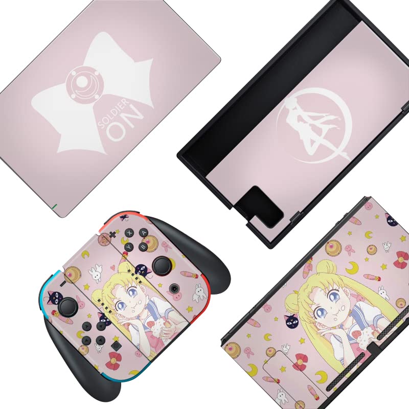 Cute Sailor Moon Skin Sticker for Nintendo Switch - Kawaii Cartoon Vinyl Decal Wrap Protective Film Full Set for NS Console, Joy-Con Controller & Dock | Perfect for Gaming, Collectors & Anime Fans