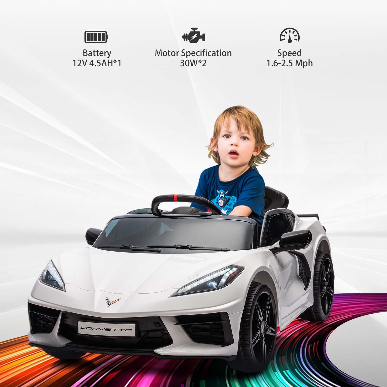 12V Kids Electric Ride-On Car - Licensed Corvette Style Battery-Powered Toy with Remote Control, LED Lights & Music - Toddler Sports Car for Boys & Girls (White) - Perfect Birthday Gift & Outdoor Play Vehicle for Ages 3-6