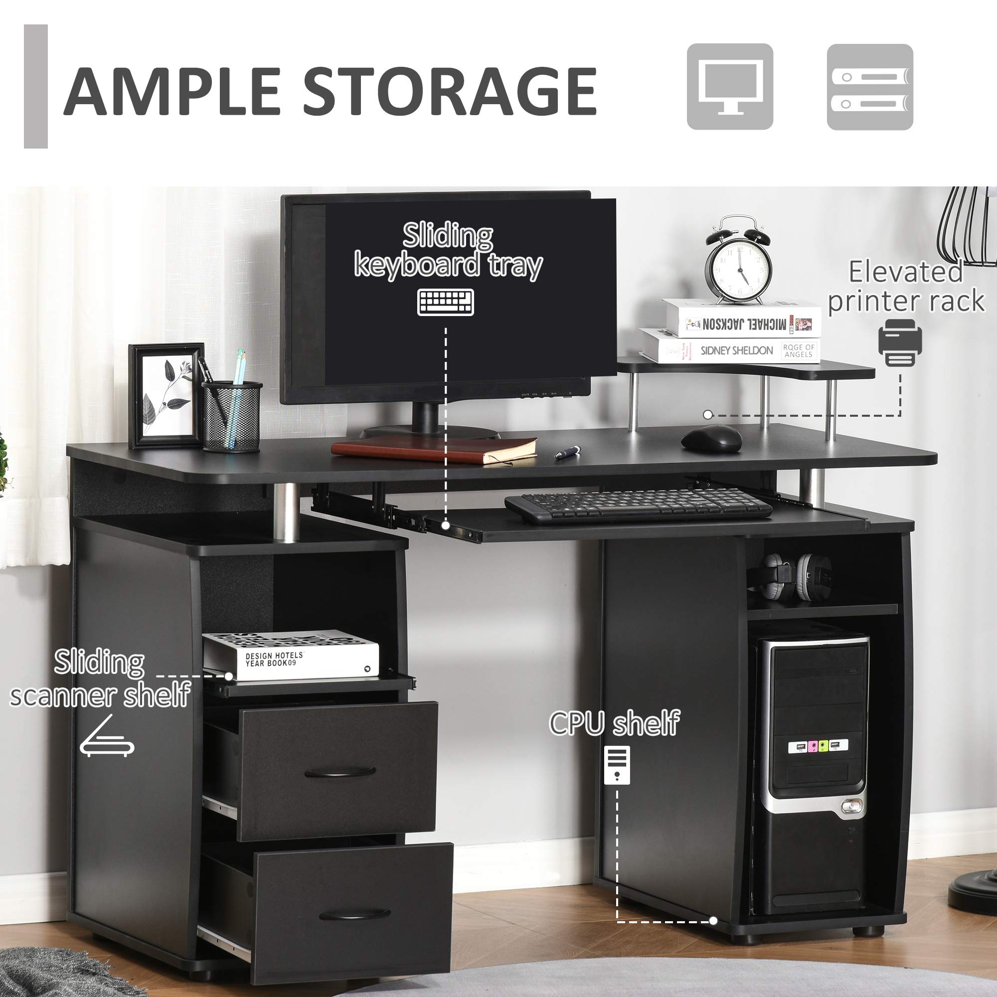 HOMCOM Black Multi-Function Computer Desk with Keyboard Tray, Elevated Shelf & CPU Stand - Home Office Workstation for Small Spaces | Perfect for Remote Work, Gaming & Study Setup