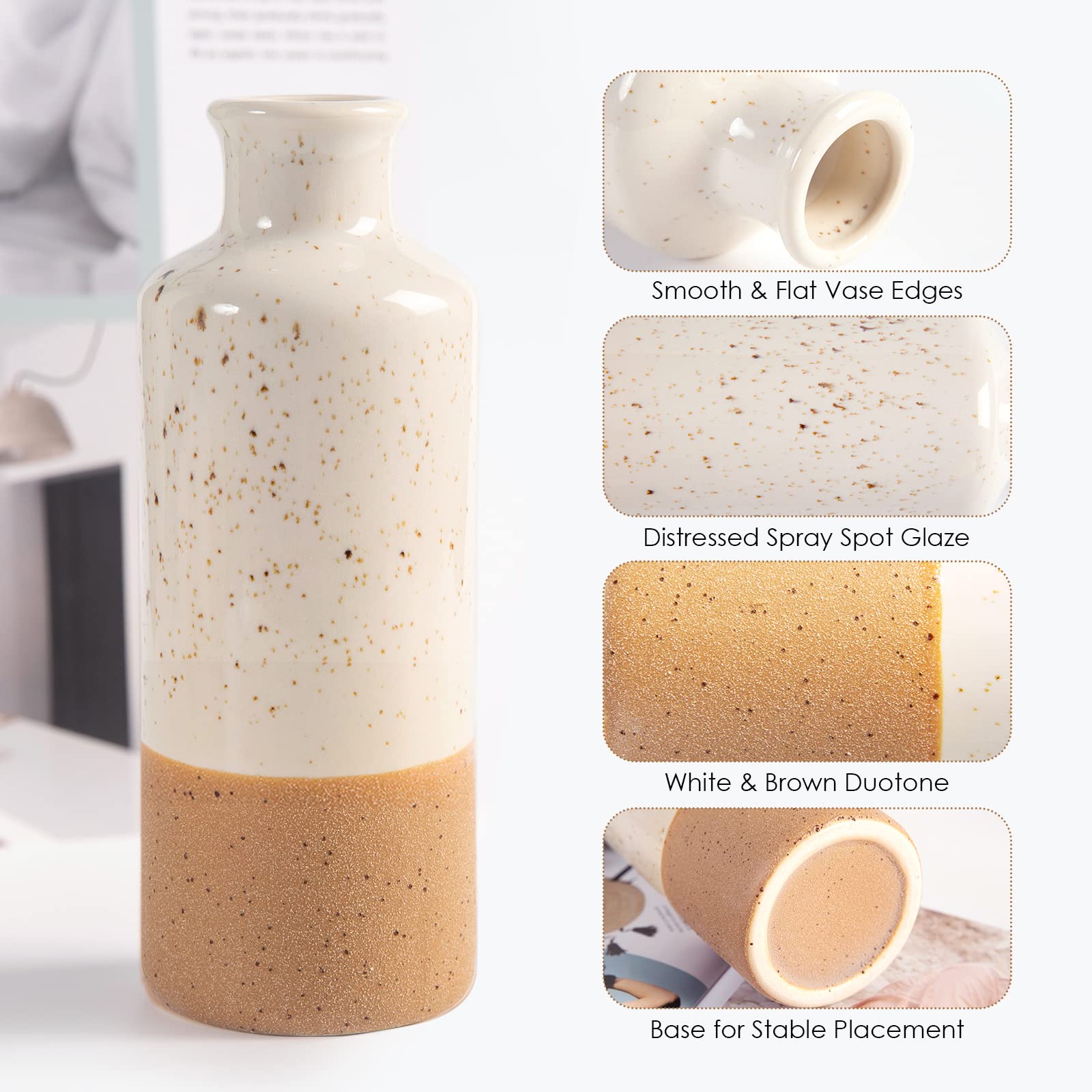Boho Ceramic Vase Set - 3pcs White & Brown Table Decor for Living Room