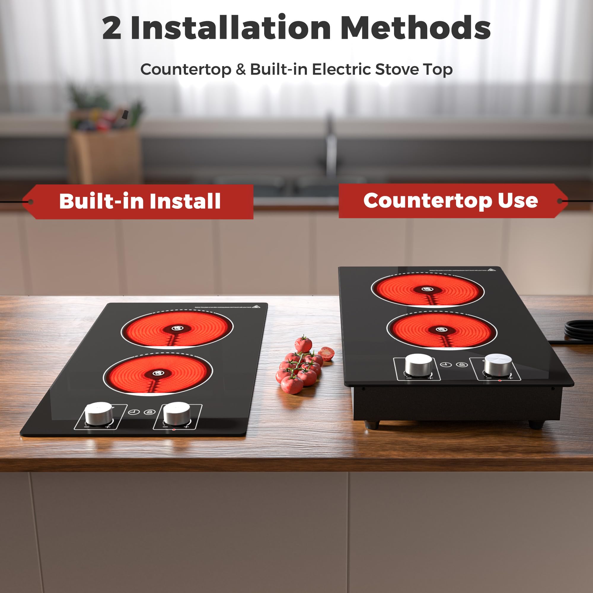 2 Burner Electric Cooktop 110V - 12 Inch Countertop Induction Cooktop with Knob Control, Child Safety Lock, Timer & 9 Power Levels - Perfect for Small Kitchens, RVs & Dorm Rooms