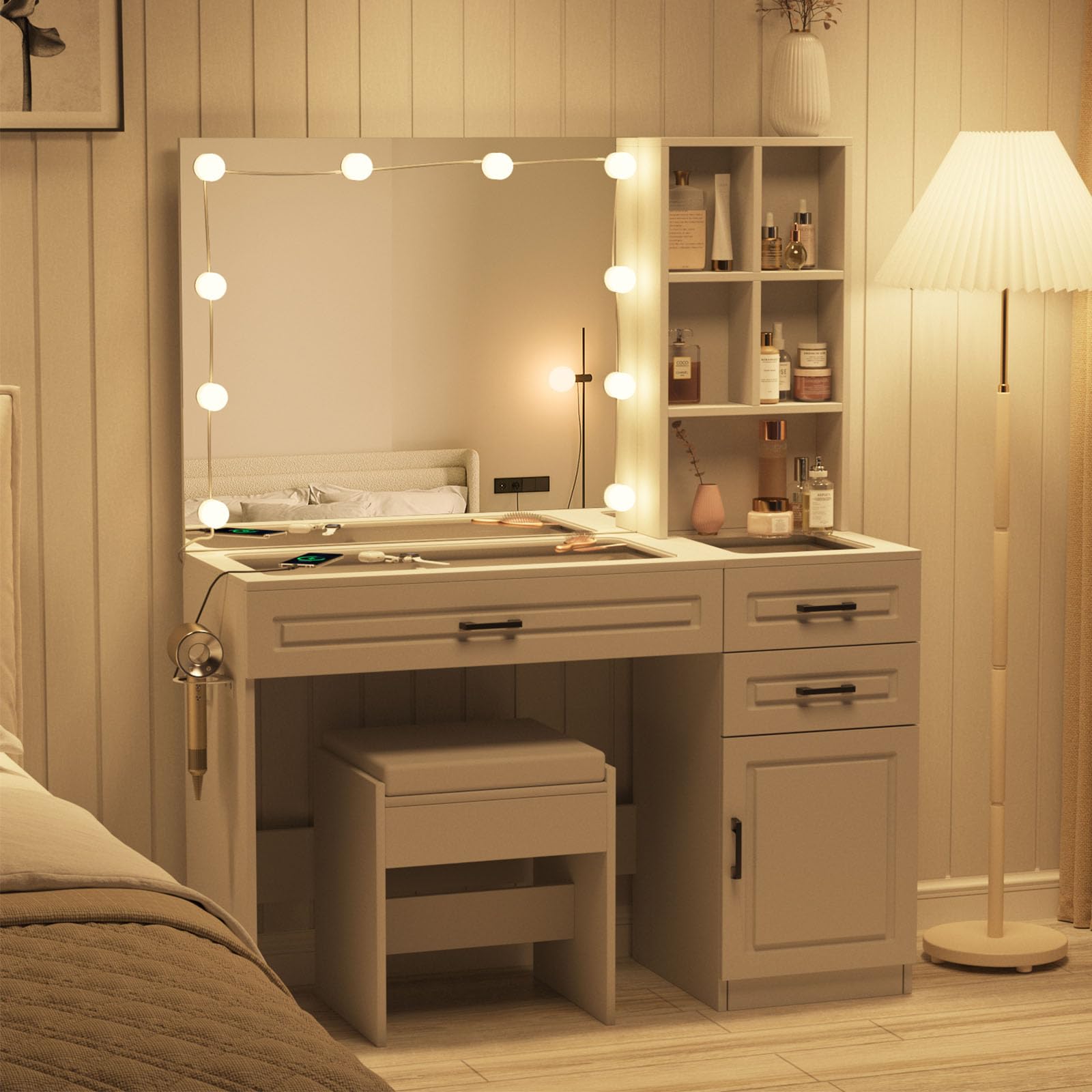 Fameill White Vanity Desk with Lighted Mirror, Power Strip & Hair Dryer Stand - Large Makeup Table with Glass Top, 3 Drawers & Ample Storage - 3 Lighting Modes for Perfect Beauty Setup - Ideal for Bedroom, Dressing Room & Home Salon