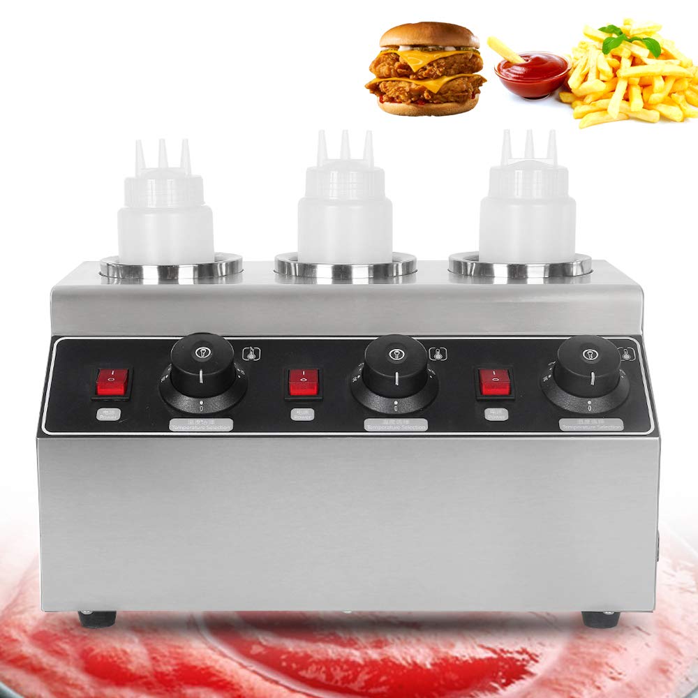 Commercial Electric Sauce Warmer Dispenser 240W - Stainless Steel Countertop Sauce Dispenser with 3 Bottles - Adjustable Temperature 30-85℃ for Chili, Hot Fudge, Cheese, Caramel & Jam - Perfect for Restaurants, Cafes & Catering Events