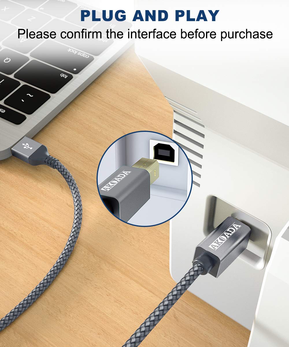 AkoaDa 10ft USB 2.0 Printer Cable - High Speed USB A Male to B Male Cord for HP, Canon, Epson Printers & Scanners - Perfect for Home Office, Studio & Business Printing Needs