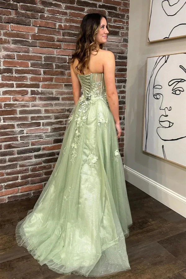 Elegant Green Strapless Floral A-Line Long Prom Dress with High Slit - Perfect for Homecoming, Formal Dances & Evening Parties