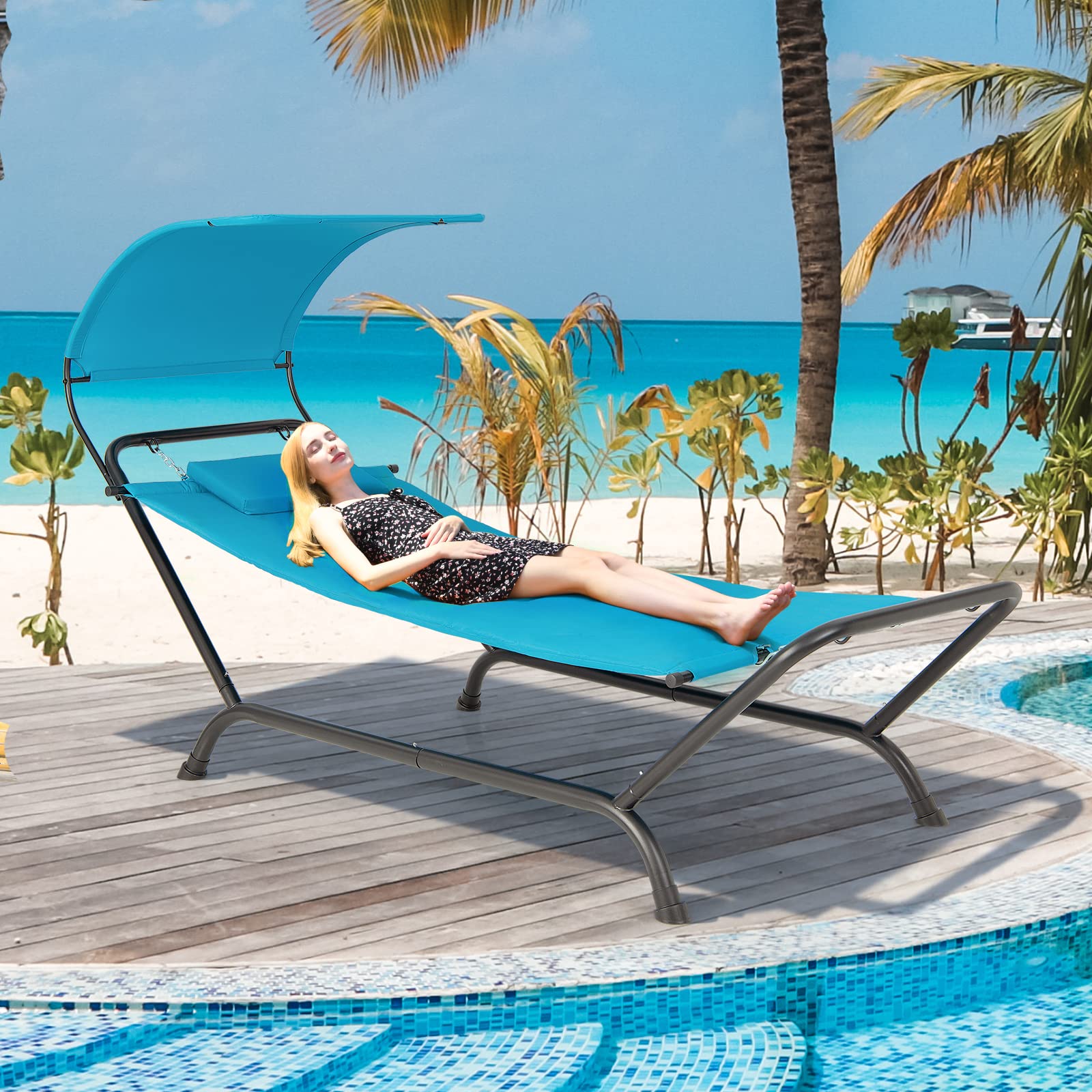 Giantex Heavy Duty Hanging Hammock with Stand - Outdoor Patio Swing Bed with Canopy, Cushion, Pillow & Storage Bag - Blue Chaise Lounge Chair for Garden, Backyard, Poolside, Porch - Perfect for Relaxing, Sunbathing and Outdoor Lounging