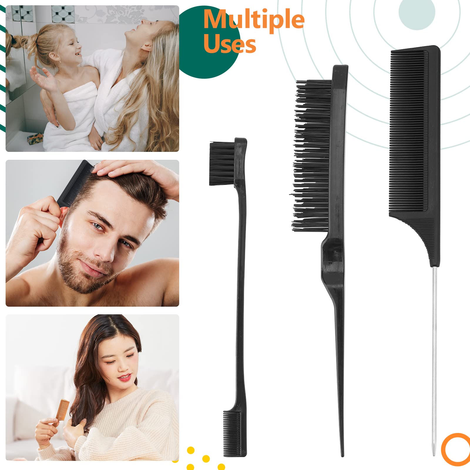 Greoer 3-Piece Hair Styling Comb Set - Slick Brush, Teasing Comb & Tail Comb for Men & Women | Professional Hair Color Highlighting Tools, Black Plastic Grooming Combs with Edge Bristle Brush | Perfect for Salon Styling, Home Hair Care & DIY Coloring