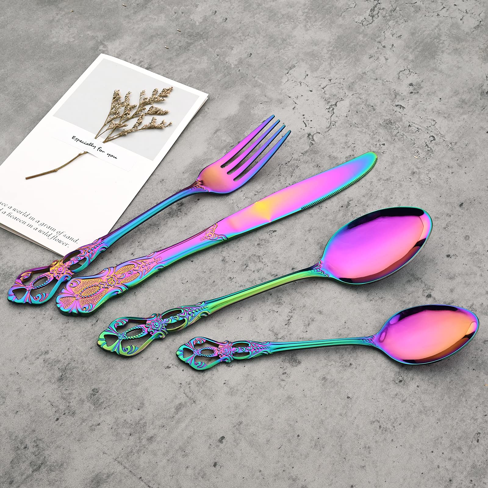 8-Piece Luxury Royal Silverware Set - 18/10 Stainless Steel Rainbow Flatware Service for 2, Elegant Cutlery Set with Forks, Spoons & Knives - Modern Mirror Polished Dishwasher Safe Tableware - Perfect for Fine Dining, Wedding Gifts & Special Occasions