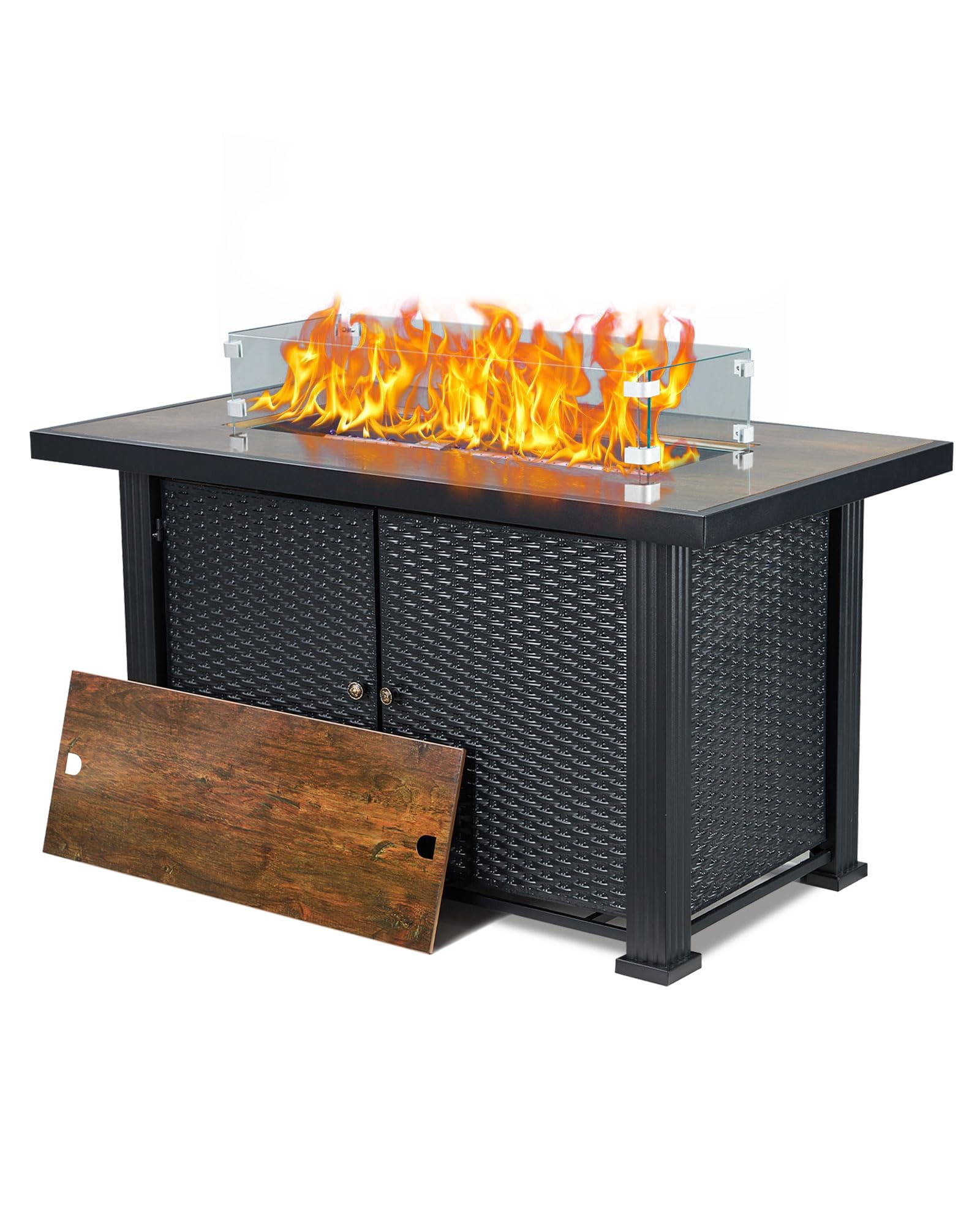44 Inch Propane Fire Pit Table - 50,000 BTU Outdoor Fire Table with Electronic Ignition, Glass Rocks & Wind Guard - Perfect for Patio, Garden, Backyard & Camping Gatherings