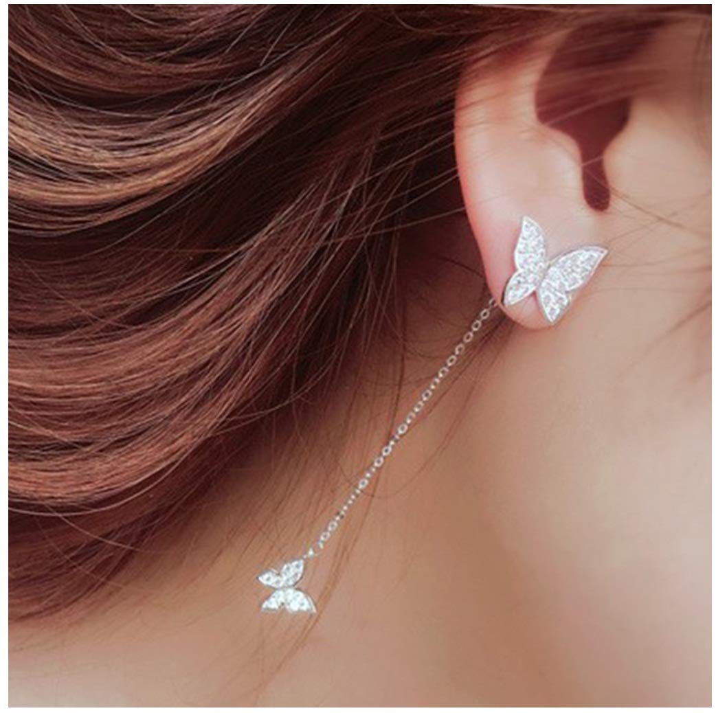 Elegant Butterfly Pendant Drop Earrings for Women - Premium Alloy Long Chain Dangle Earrings with Stud Hook, Silver Jewelry Gift for Party & Wedding