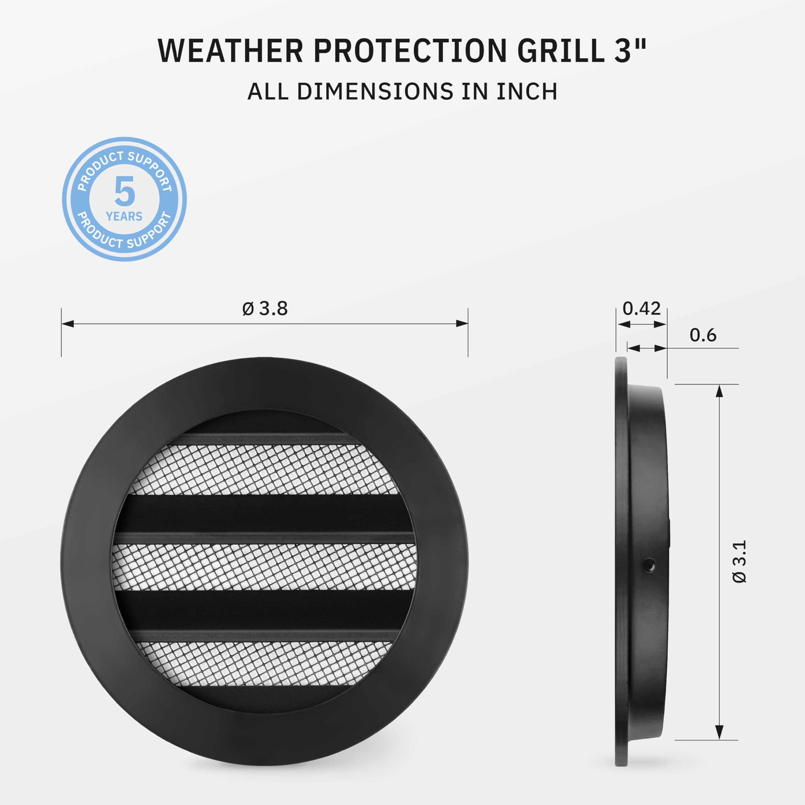 Calimaero 3-Inch Black Round Metal Air Vent Grill Cover with Fly Screen - Flat Louver Design for HVAC Metal Ducts - Perfect for Home, Office & Commercial Ventilation Systems
