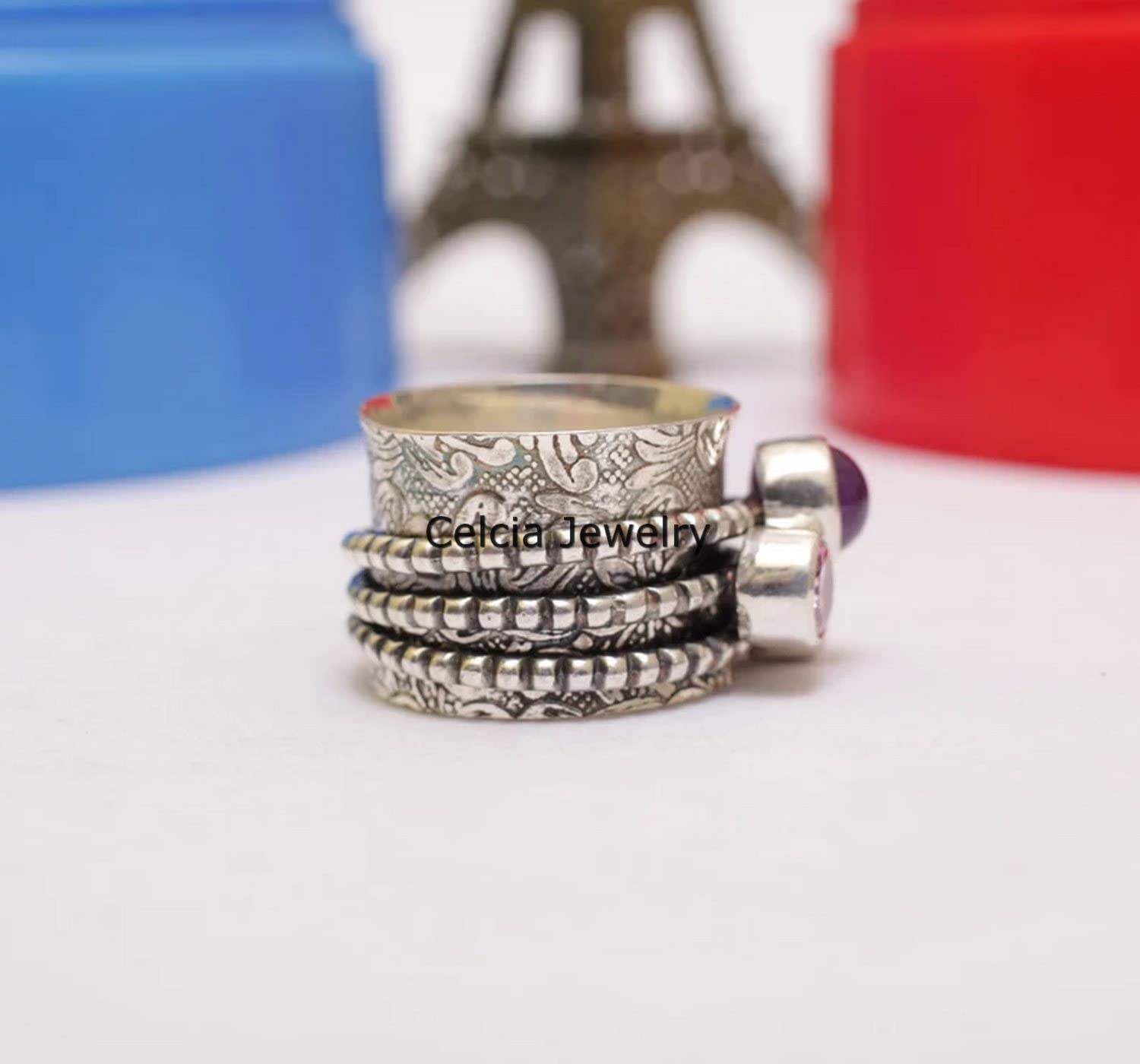 Amethyst & Garnet Double Gemstone Silver Spinner Ring - January & February Birthstone Jewelry, Meditation & Anxiety Relief Fidget Ring, Size 7 - Perfect for Stress Relief, Focus & Spiritual Healing