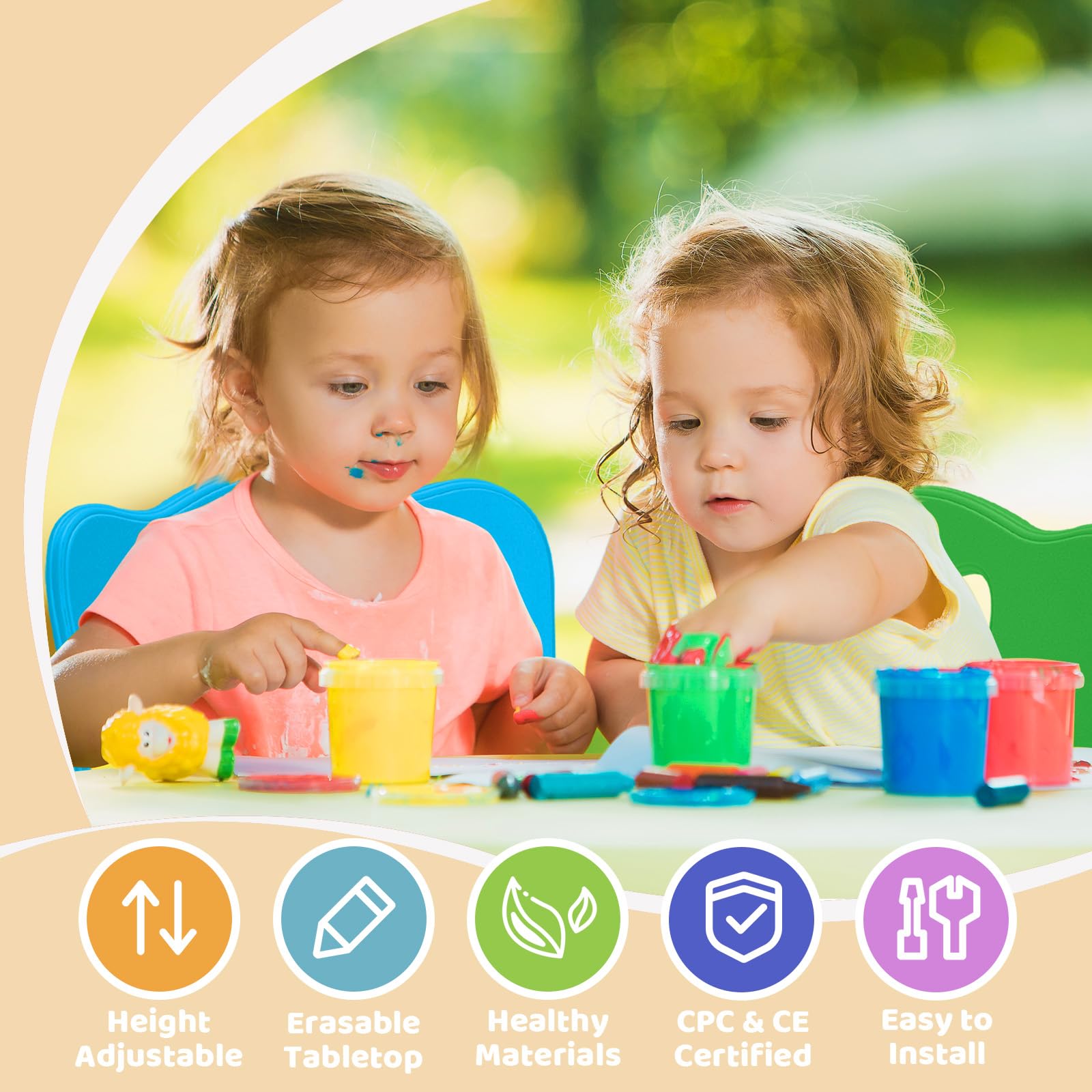 **FUNLIO Adjustable Kids Table and 4 Chairs Set for Toddlers Ages 3-8 - Easy Clean Arts & Crafts Table with Wipeable Surface - Perfect for Classrooms, Daycares & Home Use - CPC & CE Certified (5-Piece Set, Multicolor) - Ideal for Playtime, Learning & Creative Activities**