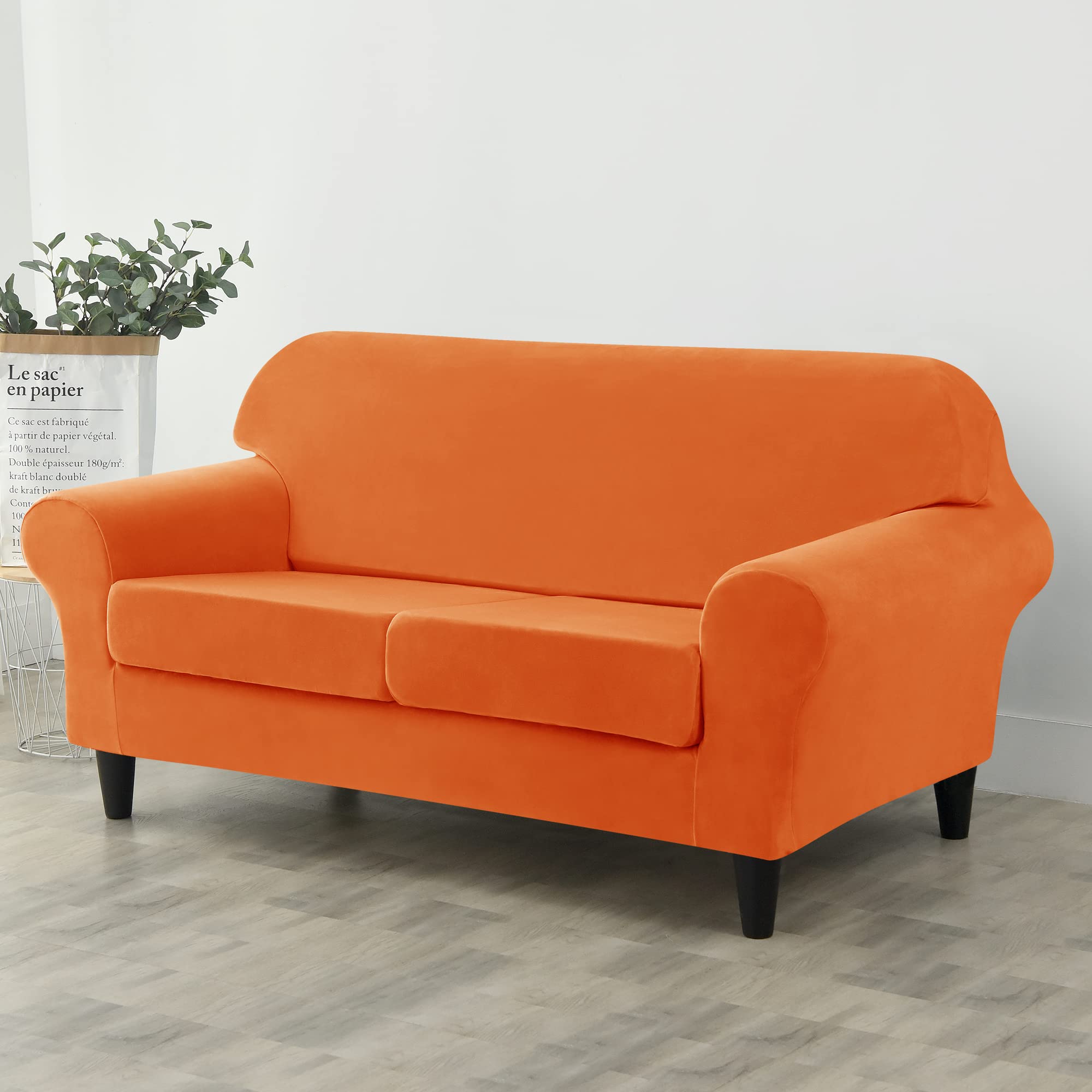 Ultra Soft Velvet Stretch Sofa Slipcover - Pet & Kid Friendly Furniture Protector for Couches & Chairs (Orange, Medium) | Perfect for Living Room, Family Room & Home Decor