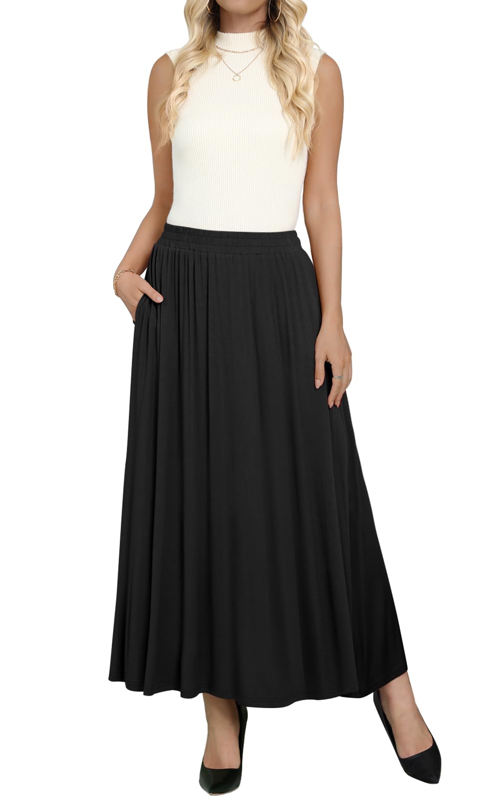 Women's Flowy High Waisted Maxi Skirt with Pockets - Casual Long Skirt for Summer, Beach, Travel & Everyday Wear