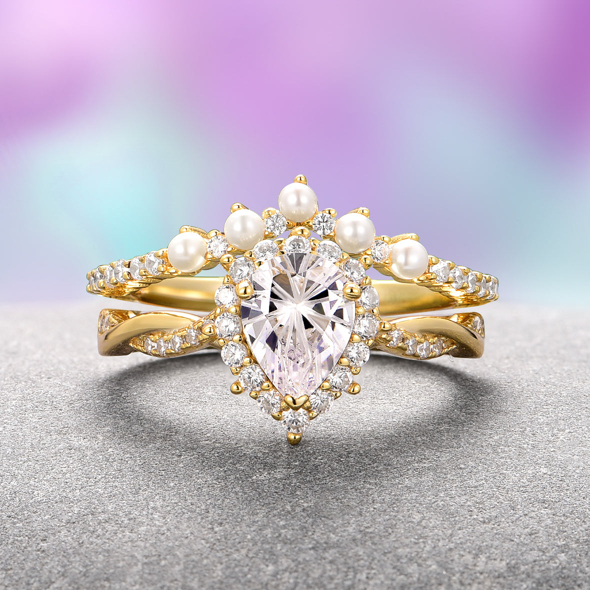 Briar Moissanite & Pearl Ring Set in 14K Solid Yellow Gold – Elegant Wedding, Engagement, and Anniversary Jewelry Gift for Her
