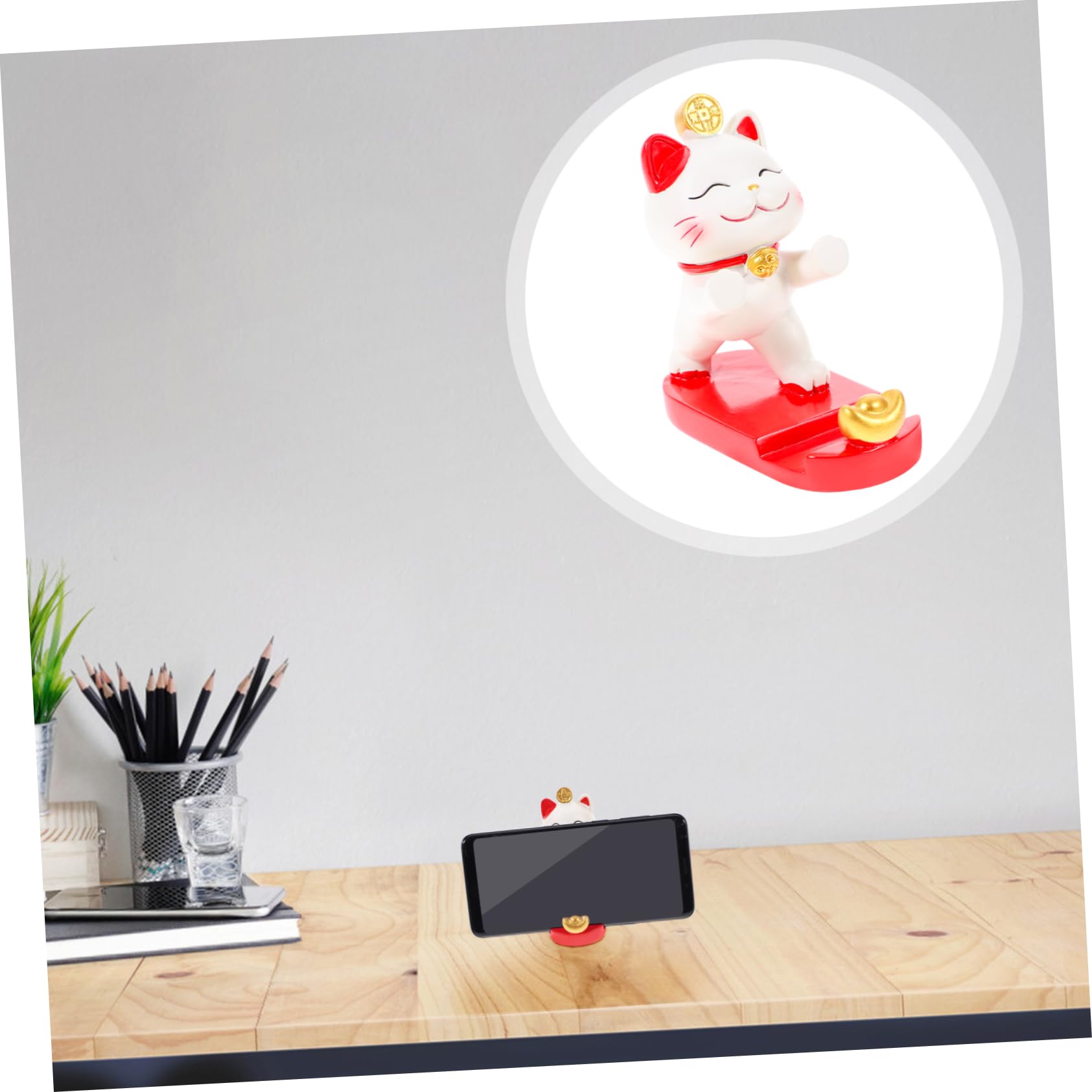 BestonZON Lucky Cat Resin Phone Stand - Cute Desktop Holder for iPhone, Samsung & Smartphones - Perfect for Home, Office & Feng Shui Decor