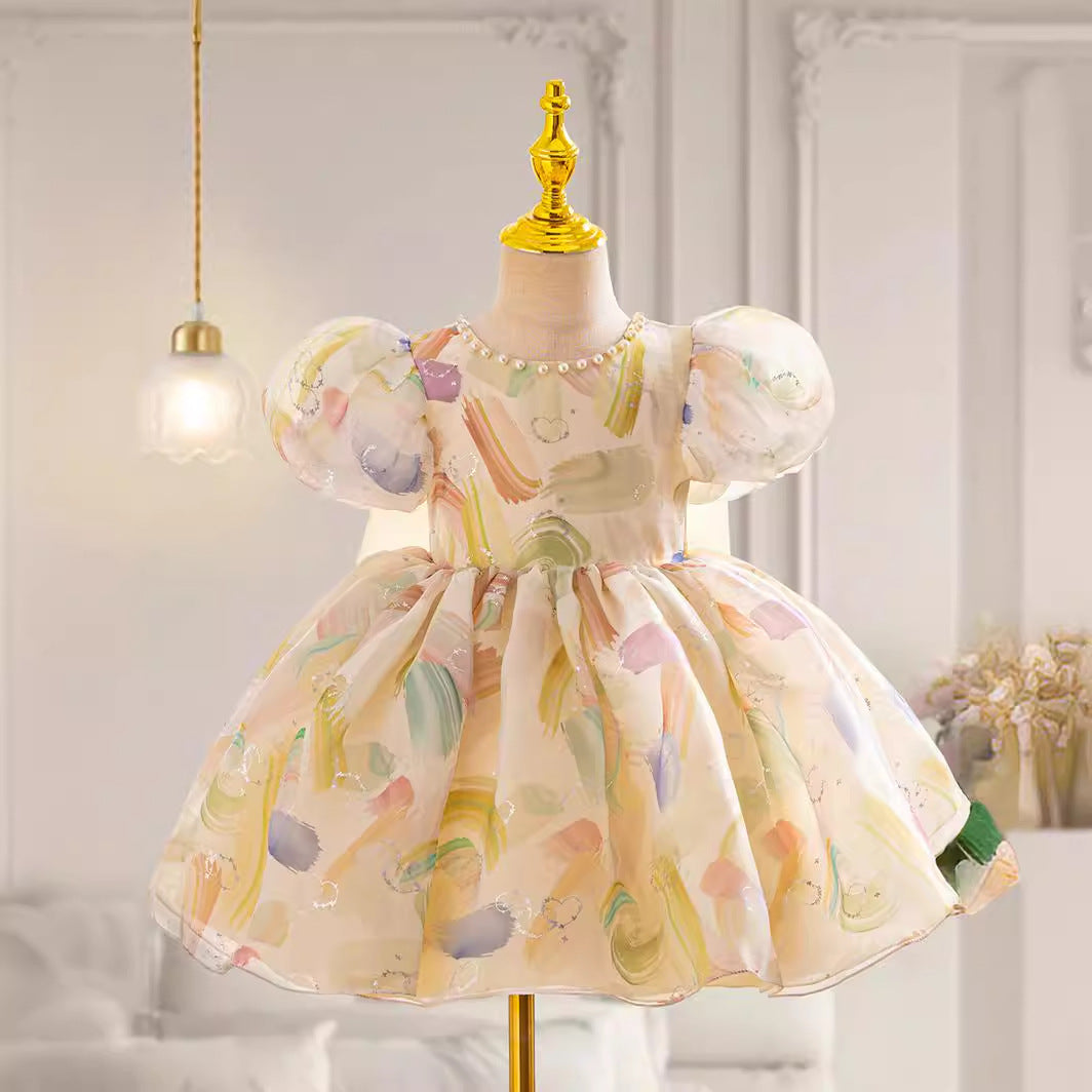 Baby Girl First Communion Dress with Colorful Puff Sleeves - Toddler Princess Party Gown for Church Ceremonies & Special Occasions