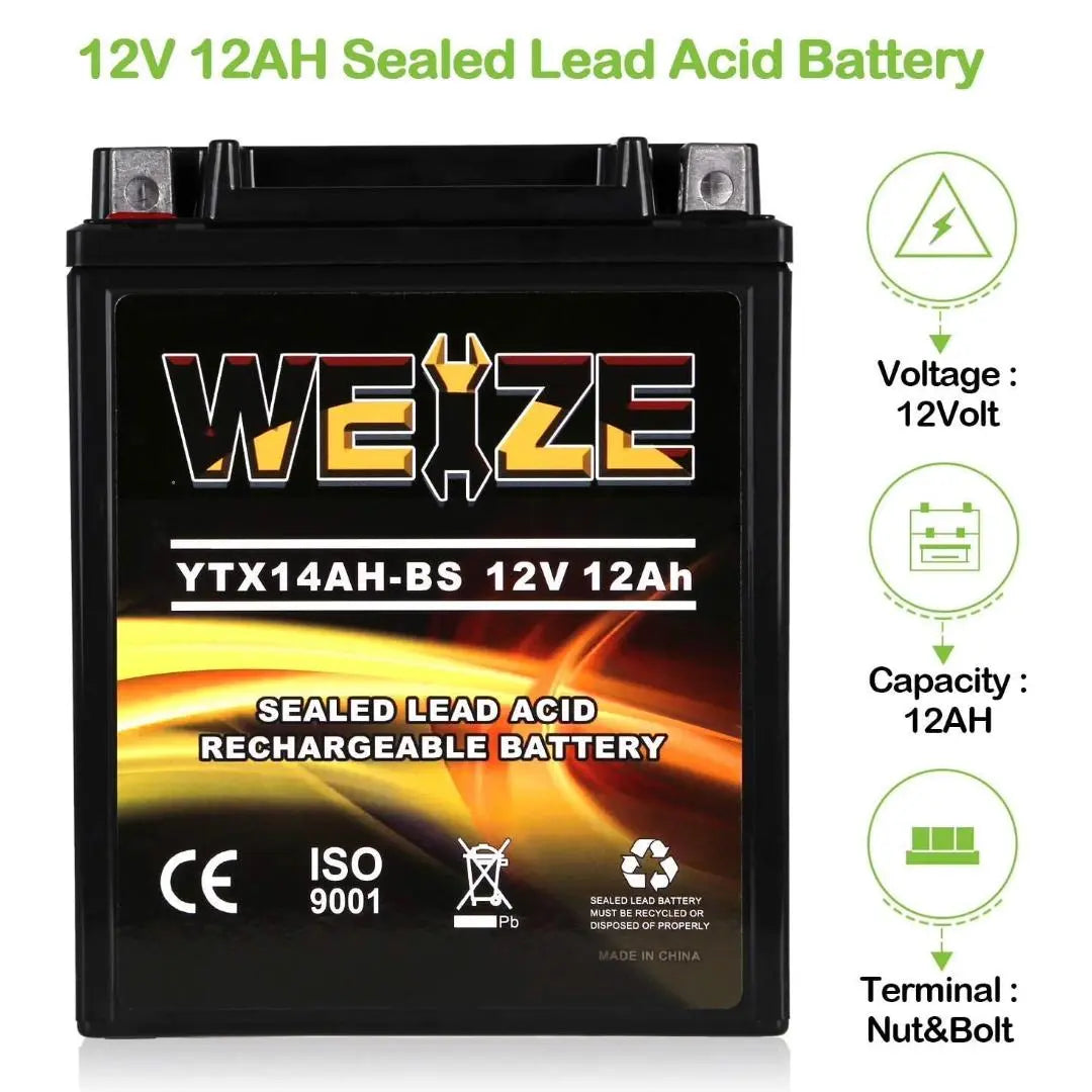 WEIZE YTX14AH BS 12V 12Ah High Performance AGM Battery - Maintenance Free, Sealed ATV/Motorcycle Battery for Polaris Sportsman 570, Trail Blazer 250, Ranger 400/500, Suzuki King Quad 300, QuadRunner 250 - Perfect for Off-Road Adventures & Power Sports
