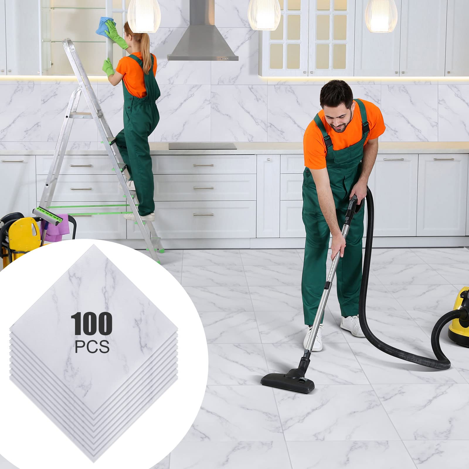 100-Pack Spiareal Self-Adhesive Peel & Stick Vinyl Floor Tiles 12x12 Inch - Waterproof Removable Flooring Stickers for Kitchen, Bedroom, Bathroom, Basement (Marble Design) - Easy DIY Home Renovation & Rental Apartment Upgrade