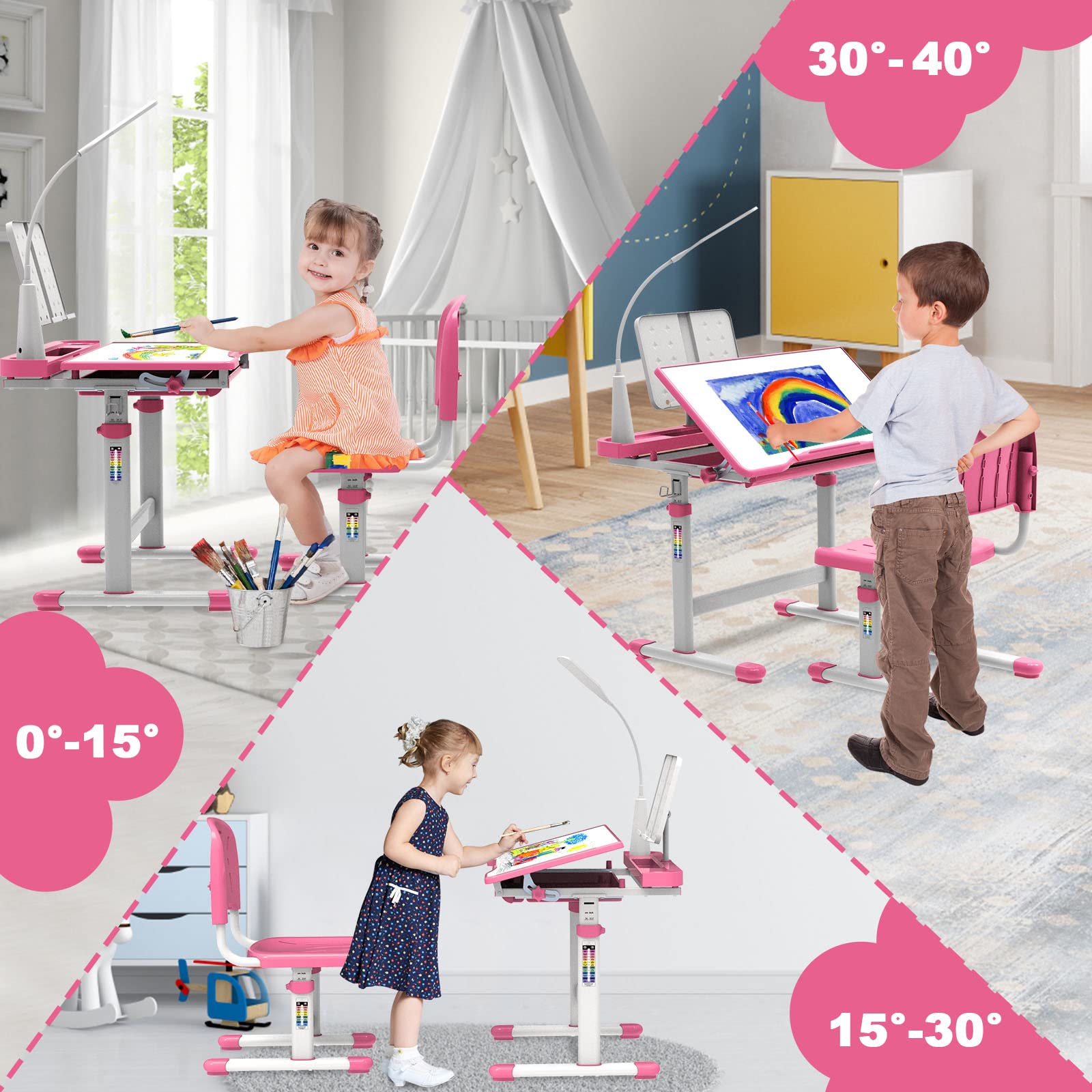 Adjustable Kids Study Desk with LED Light - Height & 40° Tiltable Desktop for Children Ages 5-8 | Perfect Birthday, Christmas & New Year Gift (Pink) | Ideal for Homework, Drawing & Reading Activities