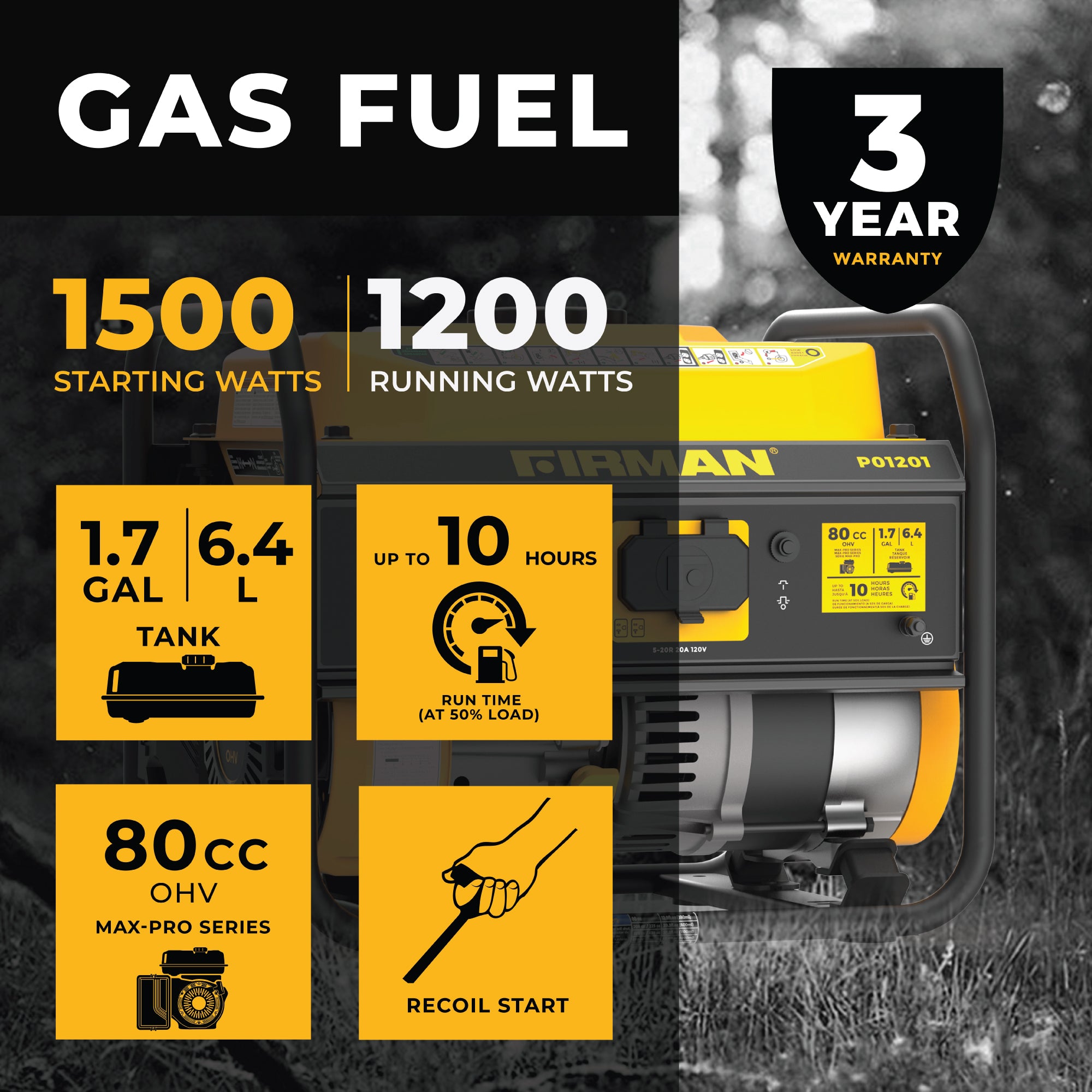 1500W Portable Gas Generator with Recoil Start - Reliable Power for Camping, Emergencies & Outdoor Activities