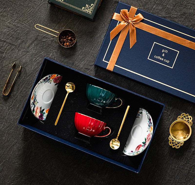 Elegant British Bone China Tea Cup and Saucer Set - Porcelain Coffee Cups with Gift Box - Perfect for Afternoon Tea, Bridal Shower & Home Decor