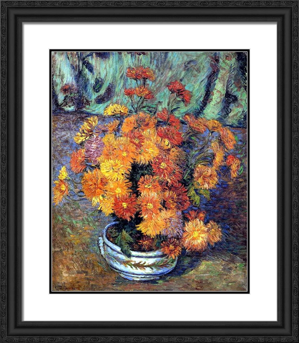 Armand Guillaumin 'Vase de Chrysanthemes' 20x23 Inch Black Ornate Framed Art Print with Double Matting - Perfect for Living Room, Bedroom & Office Wall Decor