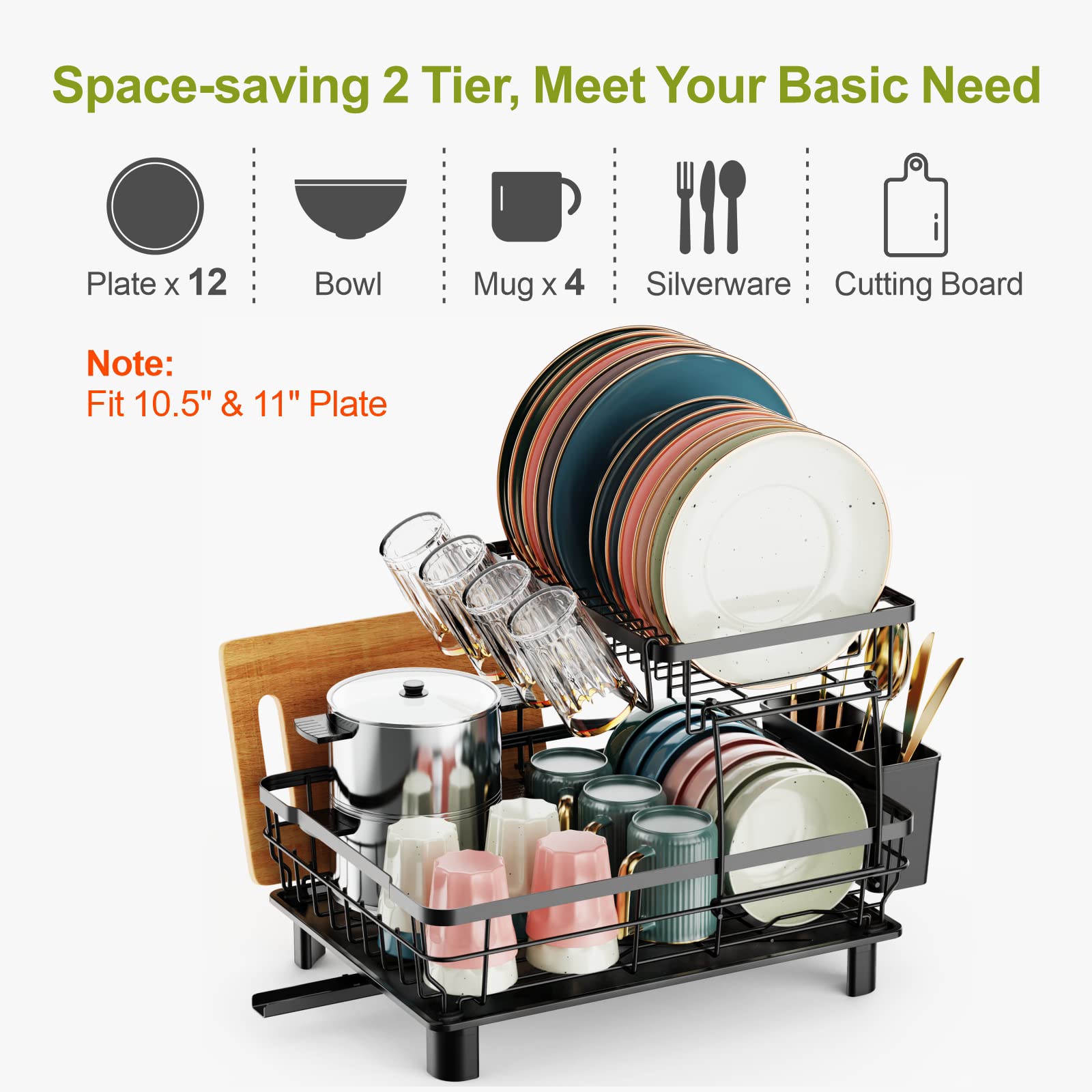 **GSlife 2-Tier Large Dish Drying Rack with Drainboard - 12 Plate Slot, Utensil Holder, Cup Holders & Cutting Board Holder - Space-Saving Kitchen Counter Organizer (Black) - Perfect for Small Kitchens, Apartments & Dishwashing Efficiency**