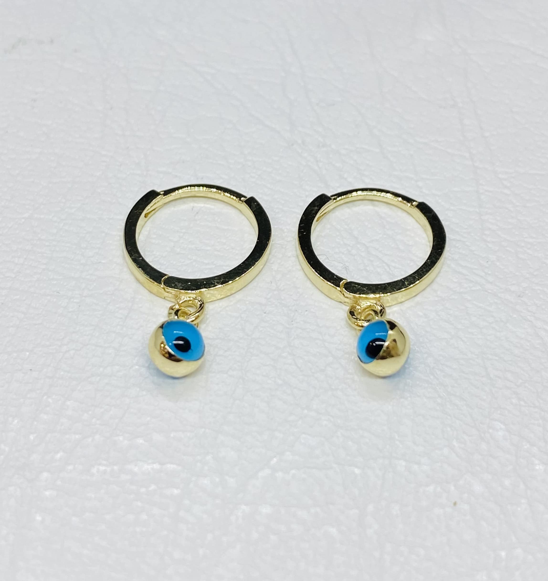14K Solid Gold Evil Eye Hoop Earrings for Girls - Two-Sided Dangle Drop Nazar Jewelry - Baby & Teen Birthday Gift - Perfect for Parties, School & Special Occasions