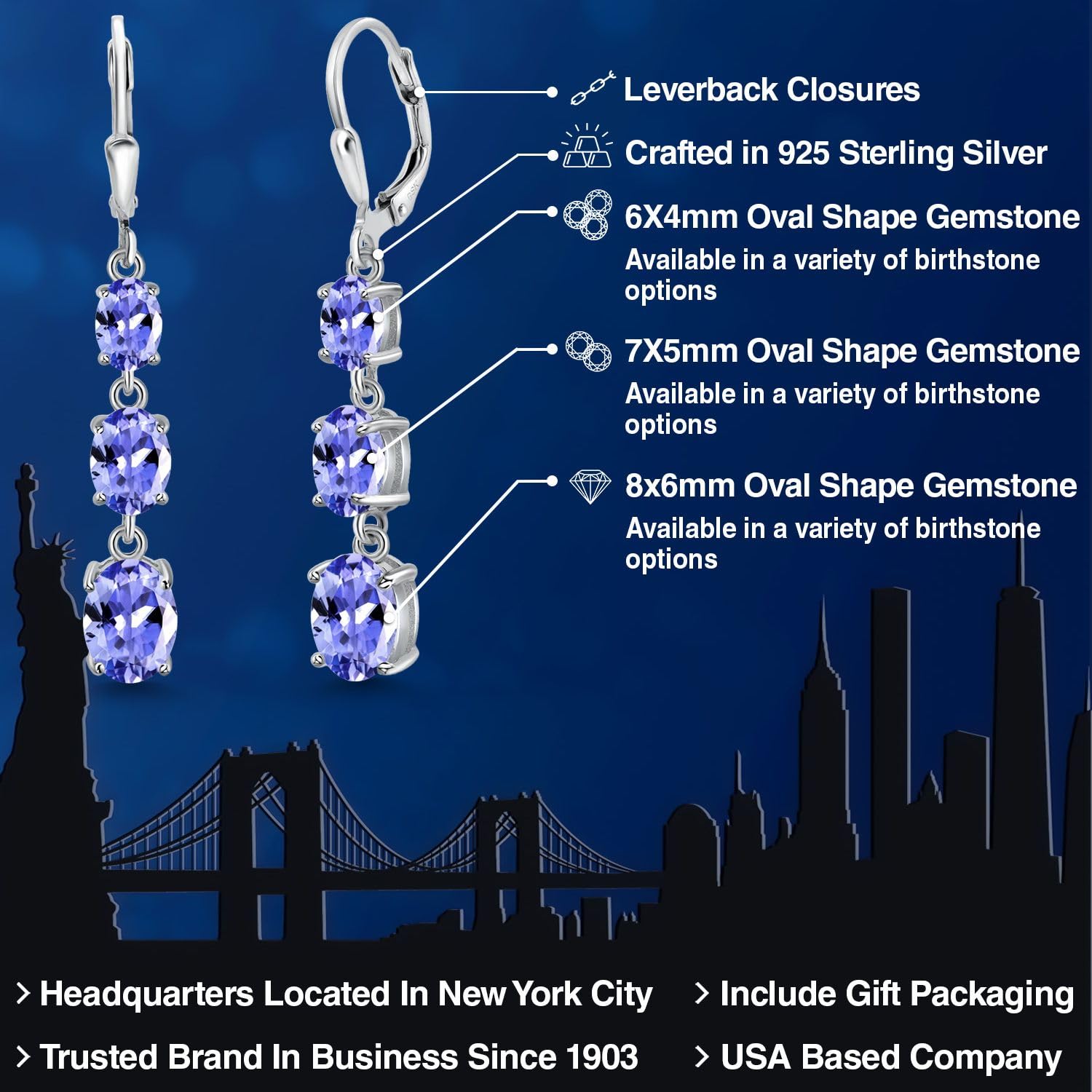 Gem Stone King 3-Stone Leverback Drop Dangle Earrings for Women - 925 Sterling Silver Birthstone Jewelry | Oval 8x6mm, 7x5mm & 6x4mm Gemstones | Elegant Gift for Mom, Wife, Her | Perfect for Weddings, Anniversaries & Special Occasions