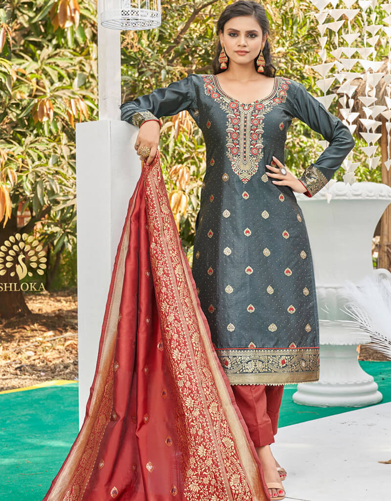 Banarasi Jacquard Dark Grey Salwar Kameez Suit with Pant Bottom - Elegant Indian Ethnic Wear for Women, Perfect for Weddings & Festive Occasions