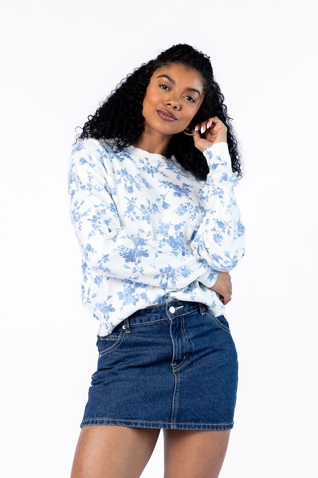 Blooming Love Blue Crew Neck Floral Sweater for Women | Soft Knit Pullover | Spring Summer Casual Outfit | Perfect for Dates, Office & Weekend Wear