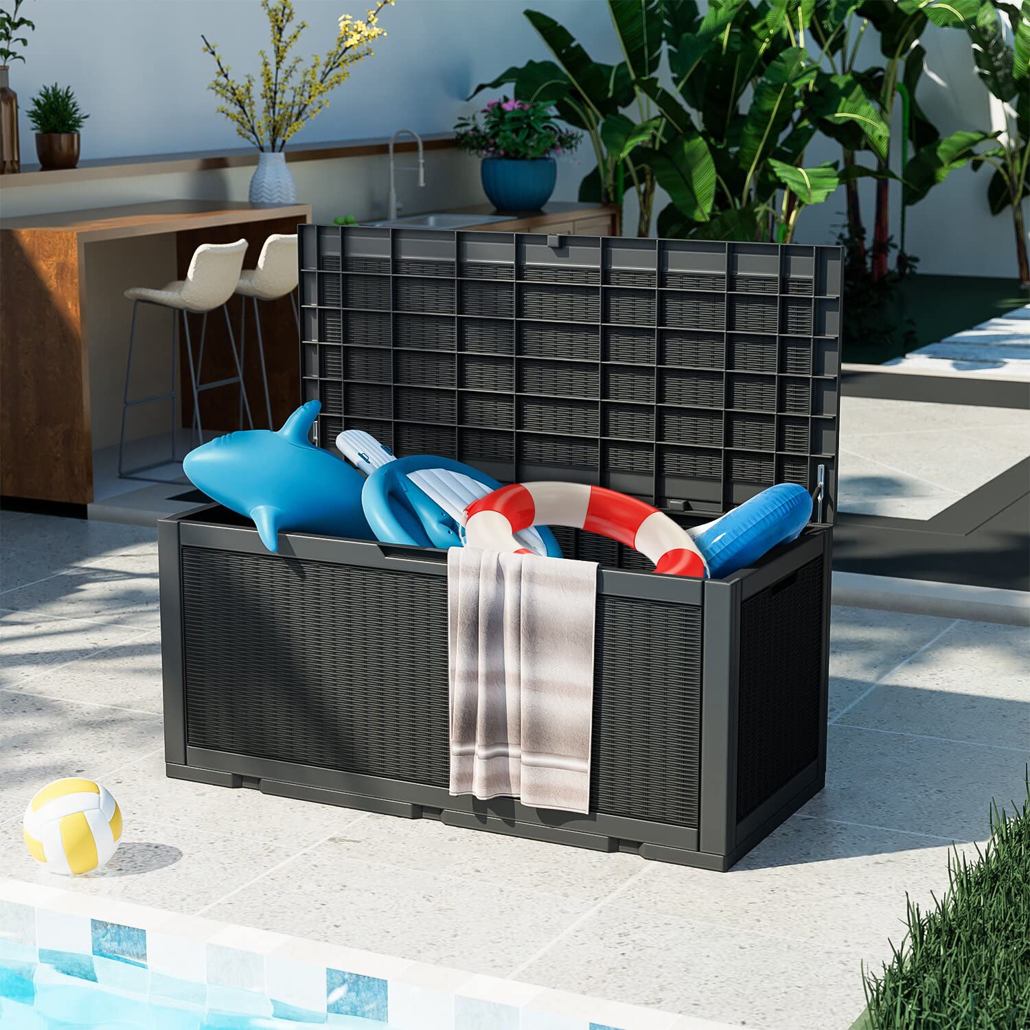 PayLessHere 100 Gallon Waterproof Deck Storage Box - Outdoor Garden, Pool & Patio Furniture with Lockable Lid - Perfect for Storing Cushions, Pool Toys & Gardening Tools