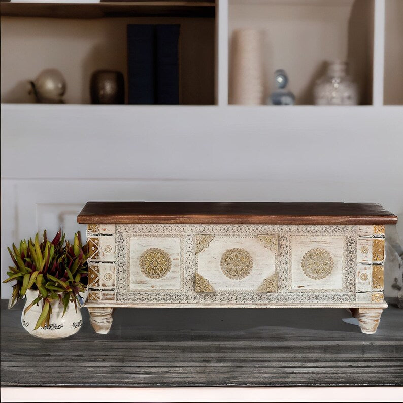 Hand Carved Antique Brass Fitted Wooden Storage Chest Box - Vintage Jewelry Organizer, Home Decor, Gift Box for Keepsakes & Heirlooms
