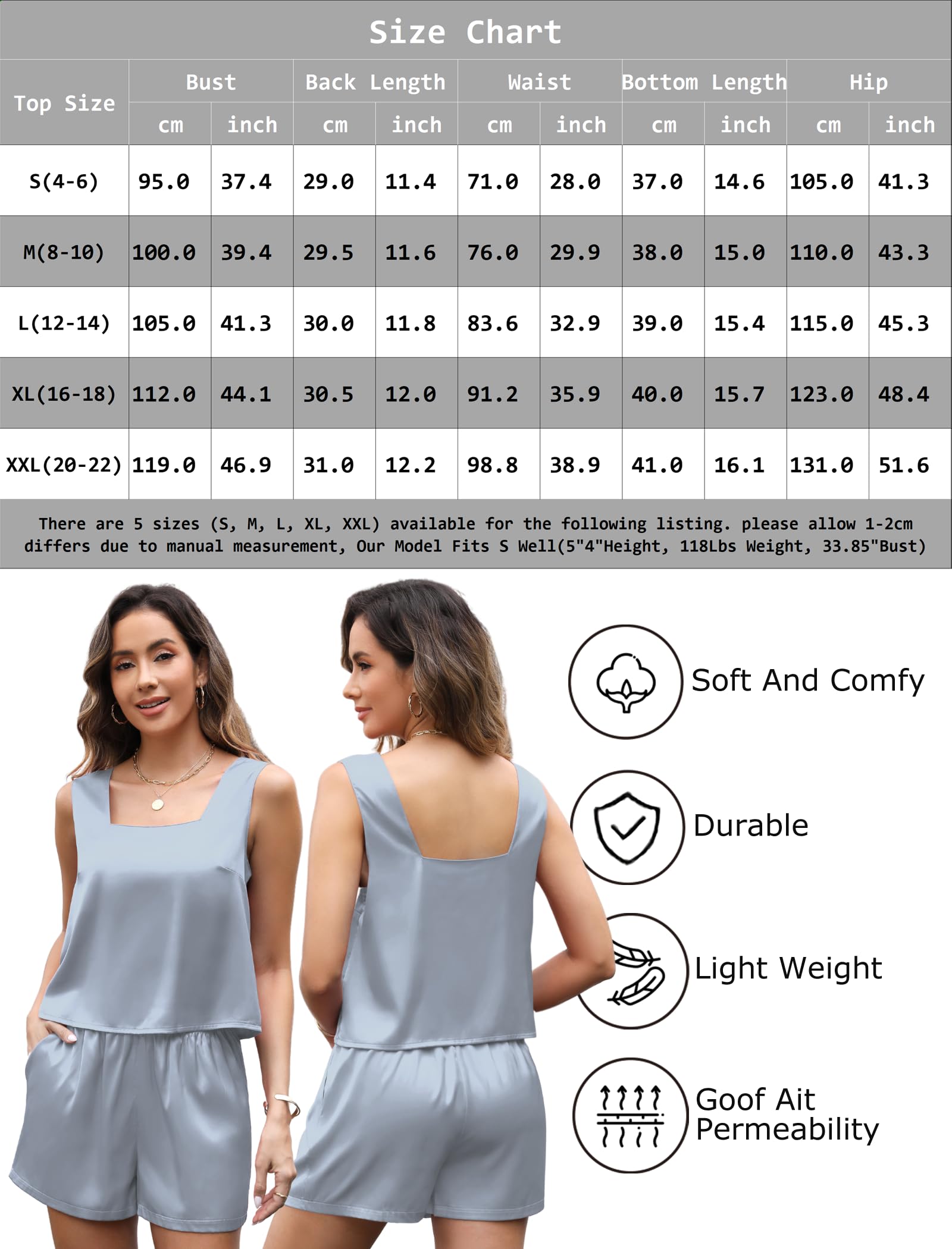 Leikar Women's 2-Piece Satin Pajama Set - Summer Short Sleeve Square Neck Tank Top & Shorts Lounge Wear for Sleepwear, Vacation & Home Relaxation