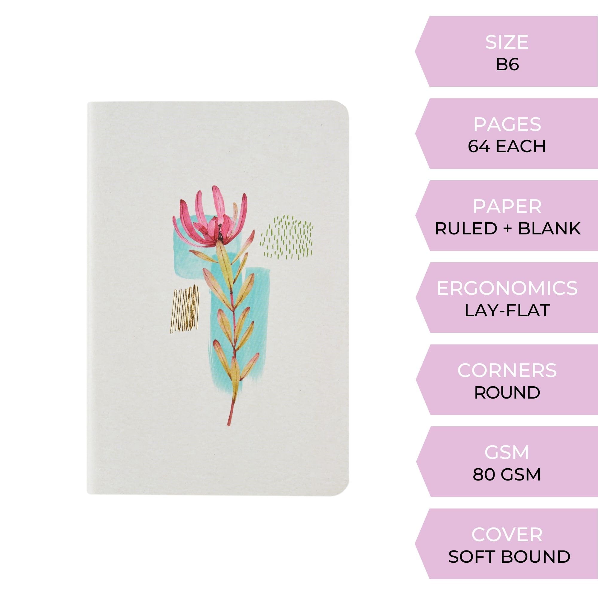 DOODLE Pastel Petals 3-Pack Softbound B6 Undated Notebook Set - 2 Ruled & 1 Blank Diary | 7x4.75 Inches, 64 Pages Each | Perfect for Journaling, Note-Taking, Drawing & Gift Giving | School, Office & Travel Essential