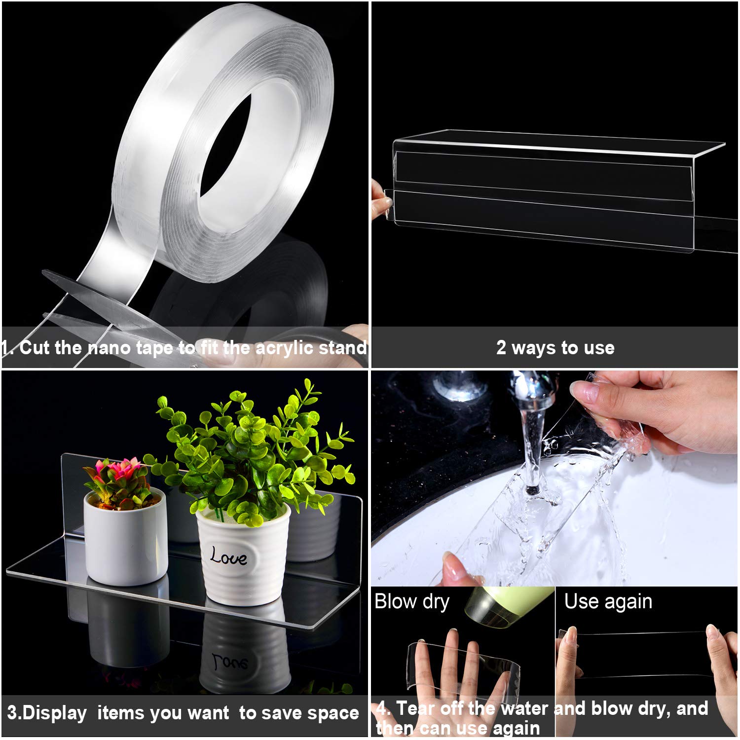 Jetec 8-Piece Clear Acrylic Floating Shelves Set - 12 Inch Wall Mounted Hanging Shelves for Books & Decor with 5M Nano Double-Sided Tape - Perfect for Bedroom, Living Room, Bathroom, Office & Gaming Room Organization