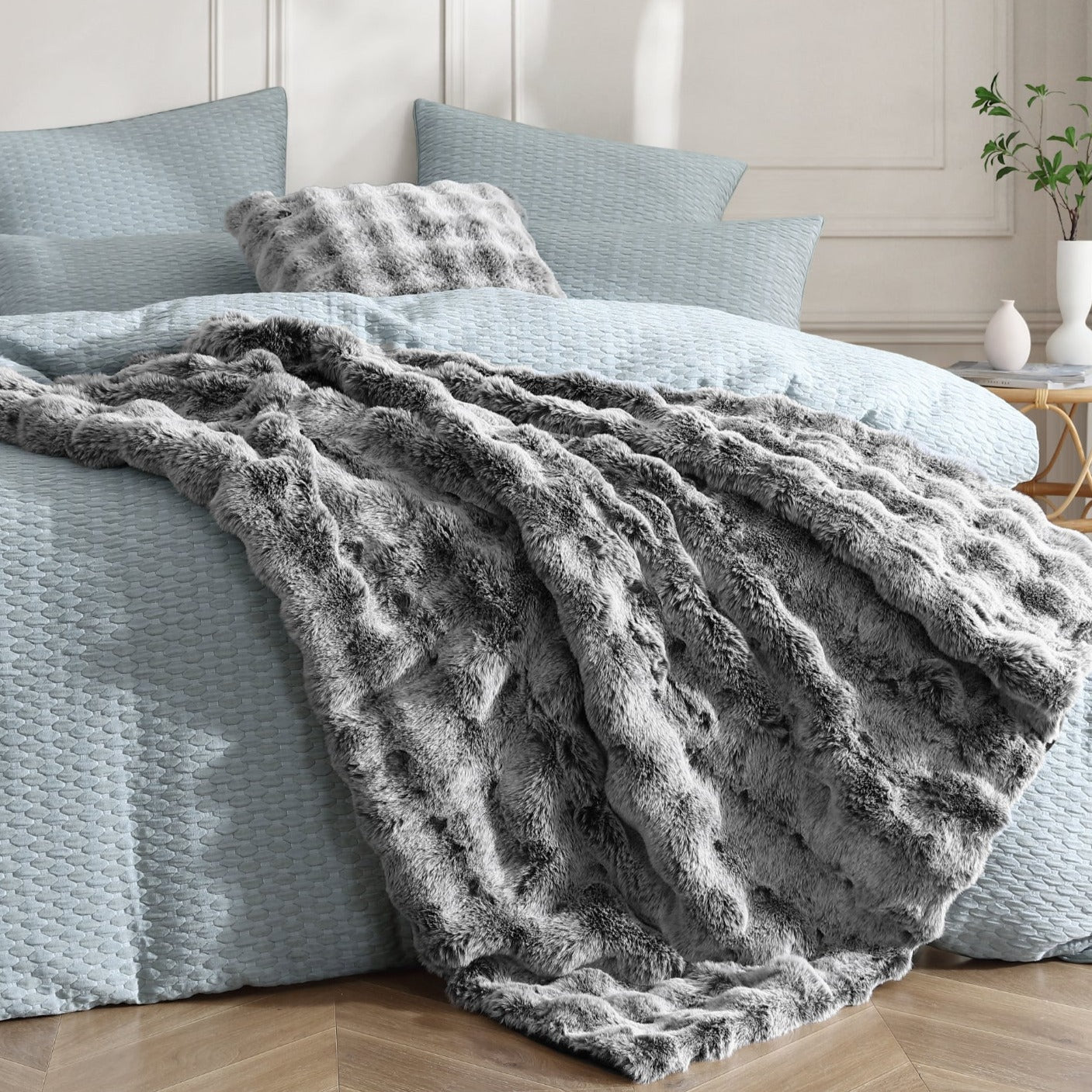 Luxury Grey Rabbit Fur Square Cushion Pillow - Soft Faux Fur Home Decor Throw Pillow for Sofa, Bed, Living Room - Elegant Home Accessories by Logan & Mason Platinum Collection