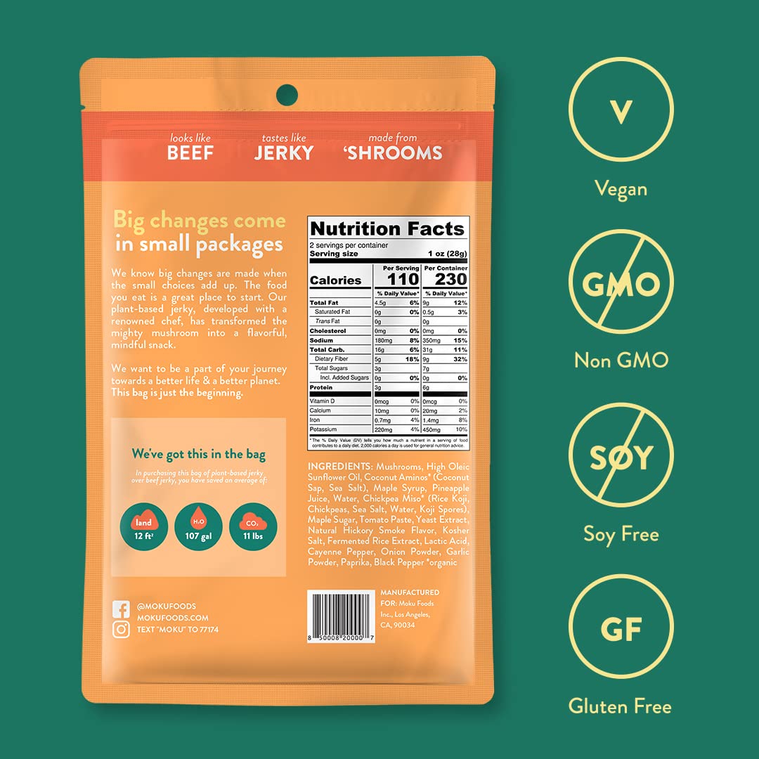 Moku Plant-Based Mushroom Jerky - Sweet & Spicy Vegan Beef Jerky (3 Pack) | Gluten Free, Soy-Free, Non-GMO Healthy Snacks | No Artificial Sweeteners | 2.0 Oz Each | Perfect for Hiking, Road Trips & Keto Diet