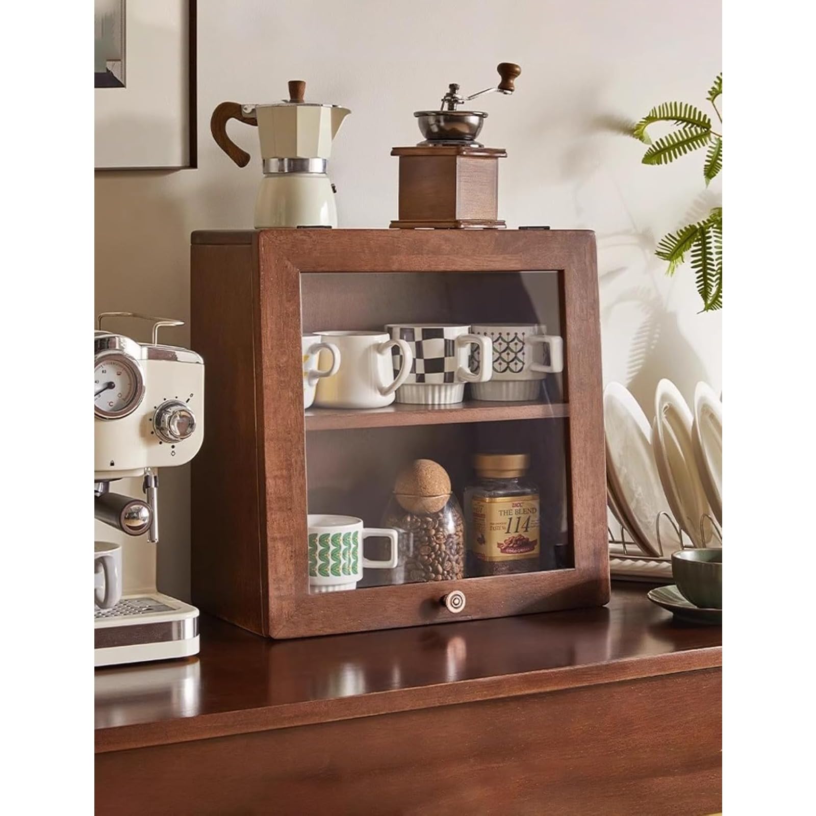 2-Tier Walnut Wood Countertop Cabinet - Kitchen Pantry Storage Organizer for Mugs, Bread & Food with Clear Glass Window | Perfect for Small Kitchen, Dining Room & Coffee Station Organization