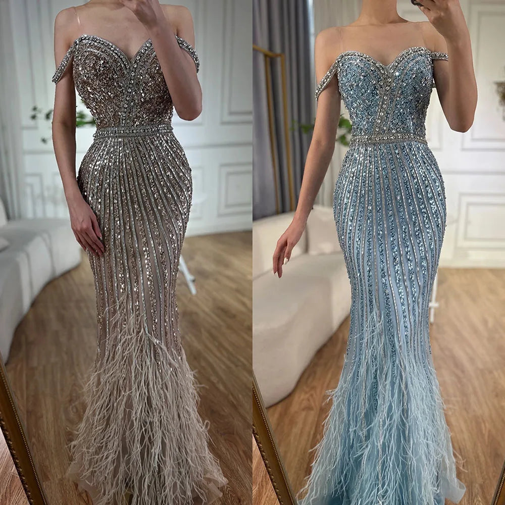 Luxury Dubai Caramel Spaghetti Strap Mermaid Gown with Feathers & Beads - Saudi Arabian Evening Dress for Formal Occasions LA72715 | Perfect for Weddings, Galas, Red Carpet Events & Special Celebrations