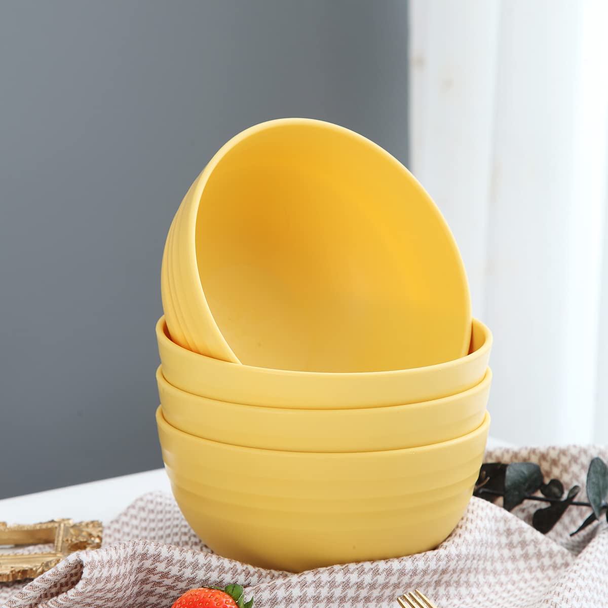 Kyraton 4-Piece Unbreakable Cereal Bowls Set - Lightweight Reusable Bowls for Rice, Noodles, Soup, Salad & Fruit - Dishwasher & Microwave Safe, BPA-Free (Gold Yellow) - Perfect for Family Meals, Camping & Dorm Use