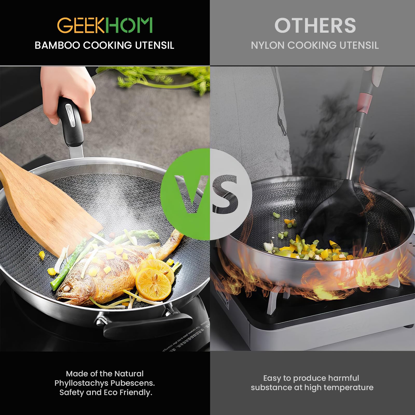 GEEKHOM 2-Pack 13 Inch Bamboo Spatulas for Nonstick Cookware - Wooden Kitchen Utensils for Cooking, Flipping Pancakes, Fish & Eggs - Eco-Friendly Slotted Wok Turner - Perfect for Sauteing, Stir-Frying & Serving Healthy Meals