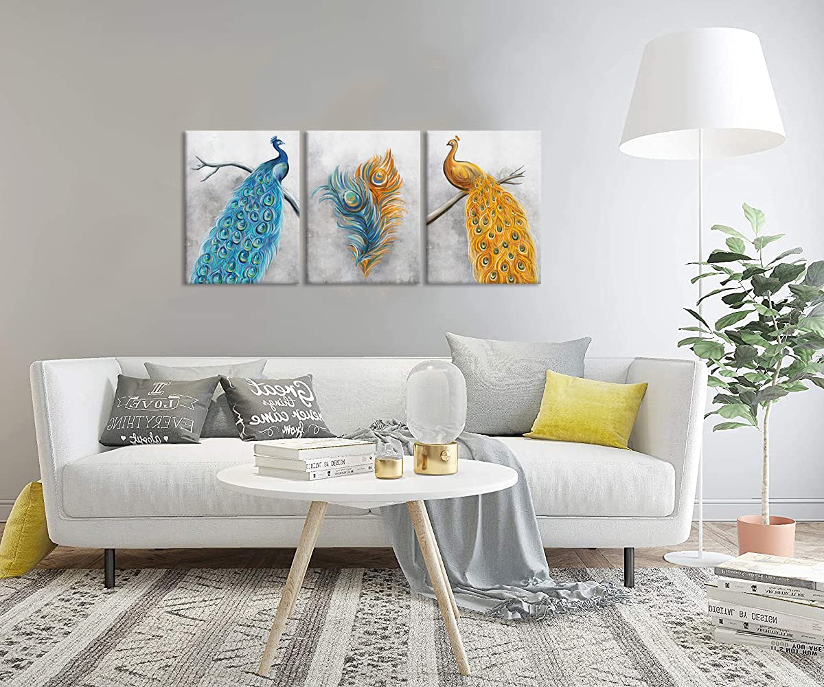 Peacock Blue and Gold Canvas Wall Art - Abstract Peacock Feather Painting for Kitchen, Bedroom & Living Room Decor | Modern Animal Print Aesthetic Home Décor