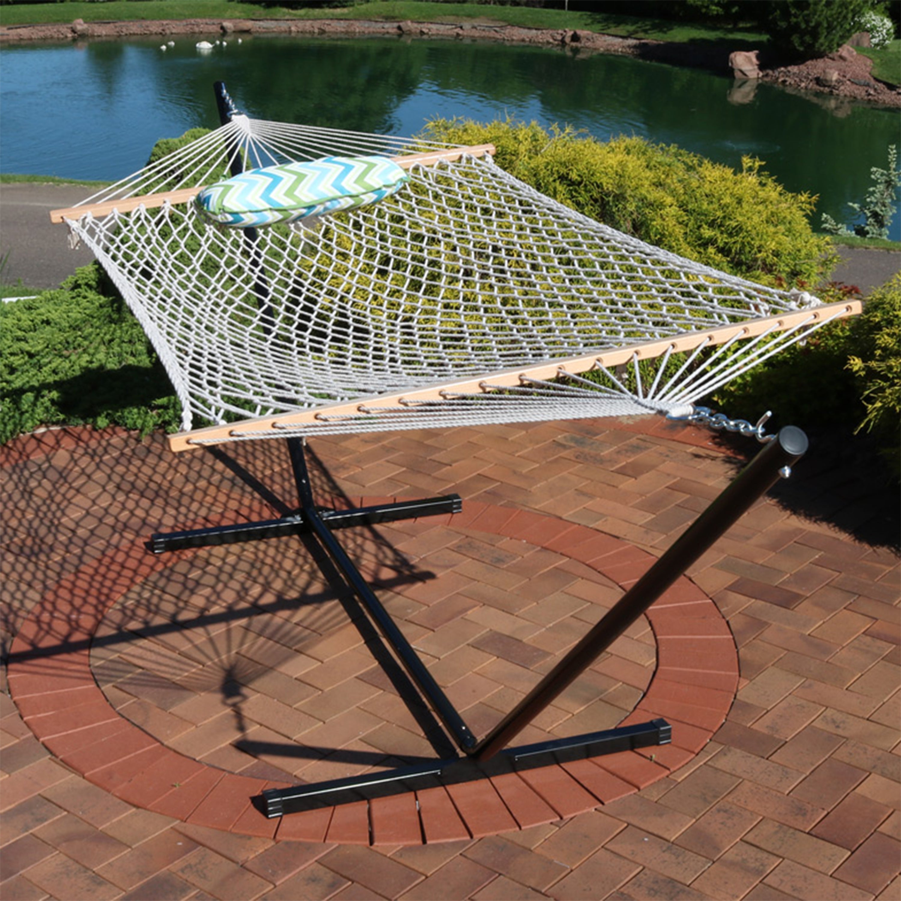 Premium Sunnydaze Rope Hammock with 12-Foot Steel Stand, Comfortable Pad & Pillow - Perfect for Backyard Relaxation, Beach Lounging & Outdoor Camping