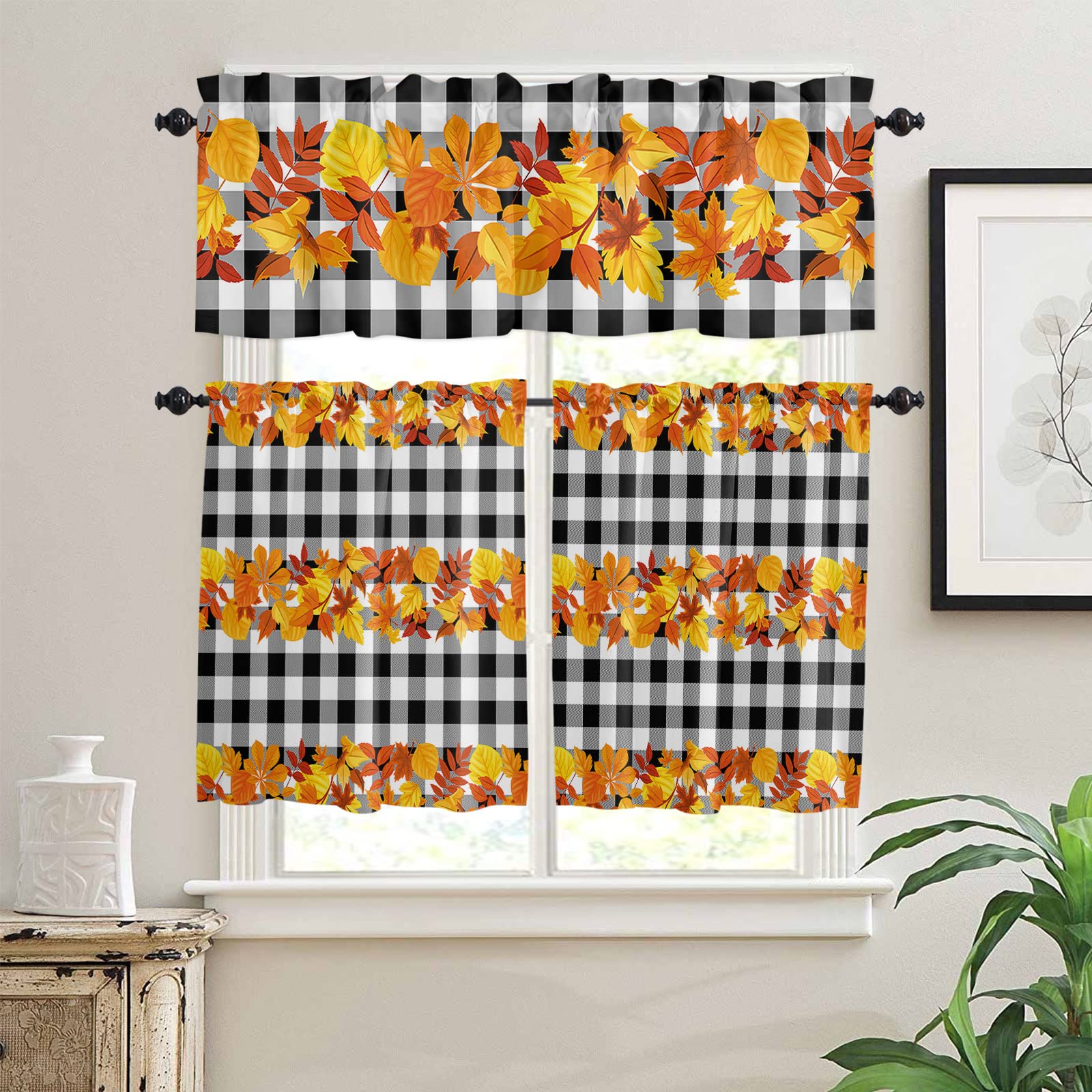 Thanksgiving Kitchen Curtains Set - Autumn Maple Leaf & Black Buffalo Plaid Rod Pocket Tier Curtains 24
