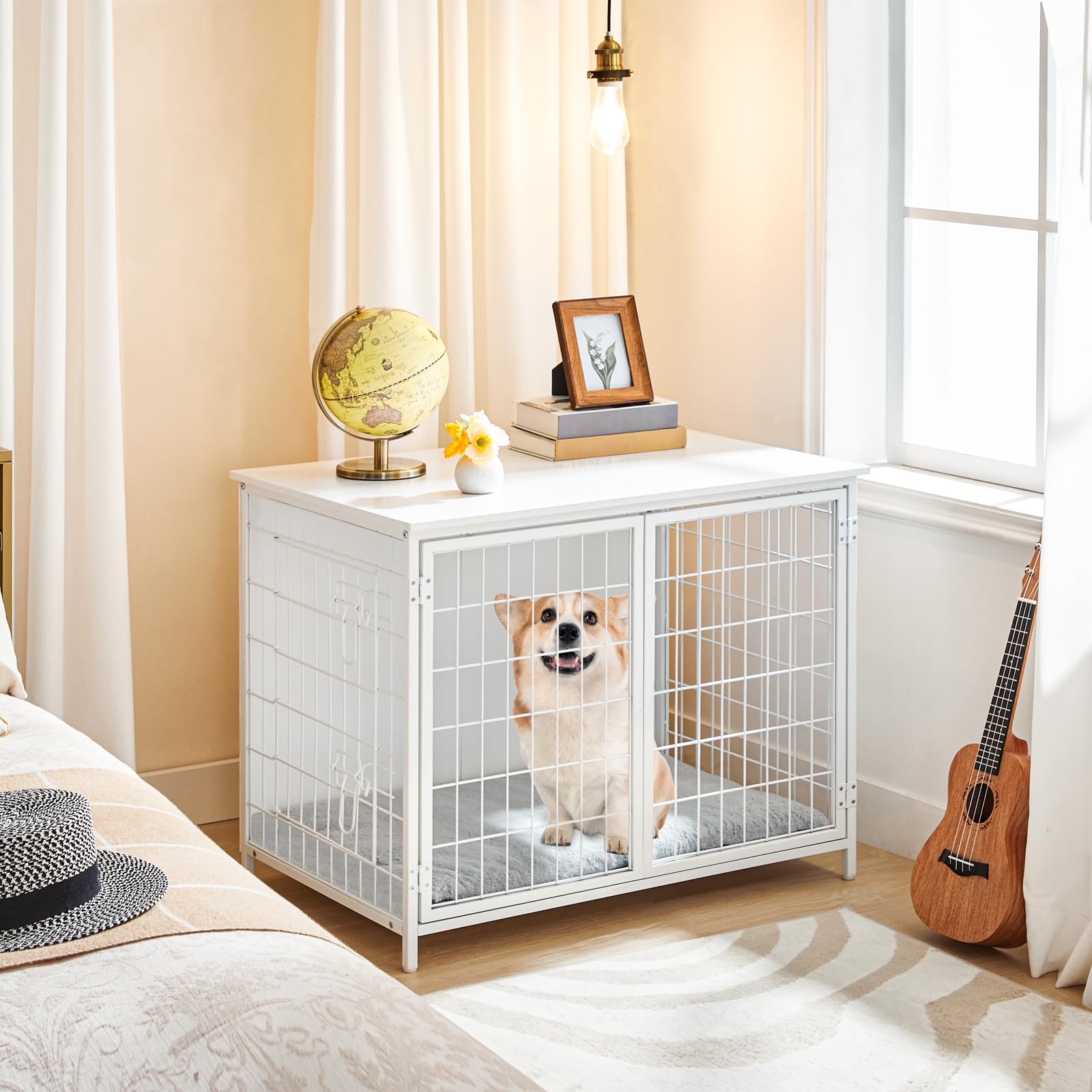 Premium Wooden Dog Crate Furniture with Plush Cushion - Double Door Heavy Duty Dog Kennel for Small Medium & Large Dogs - Indoor Dog House End Table (31.5